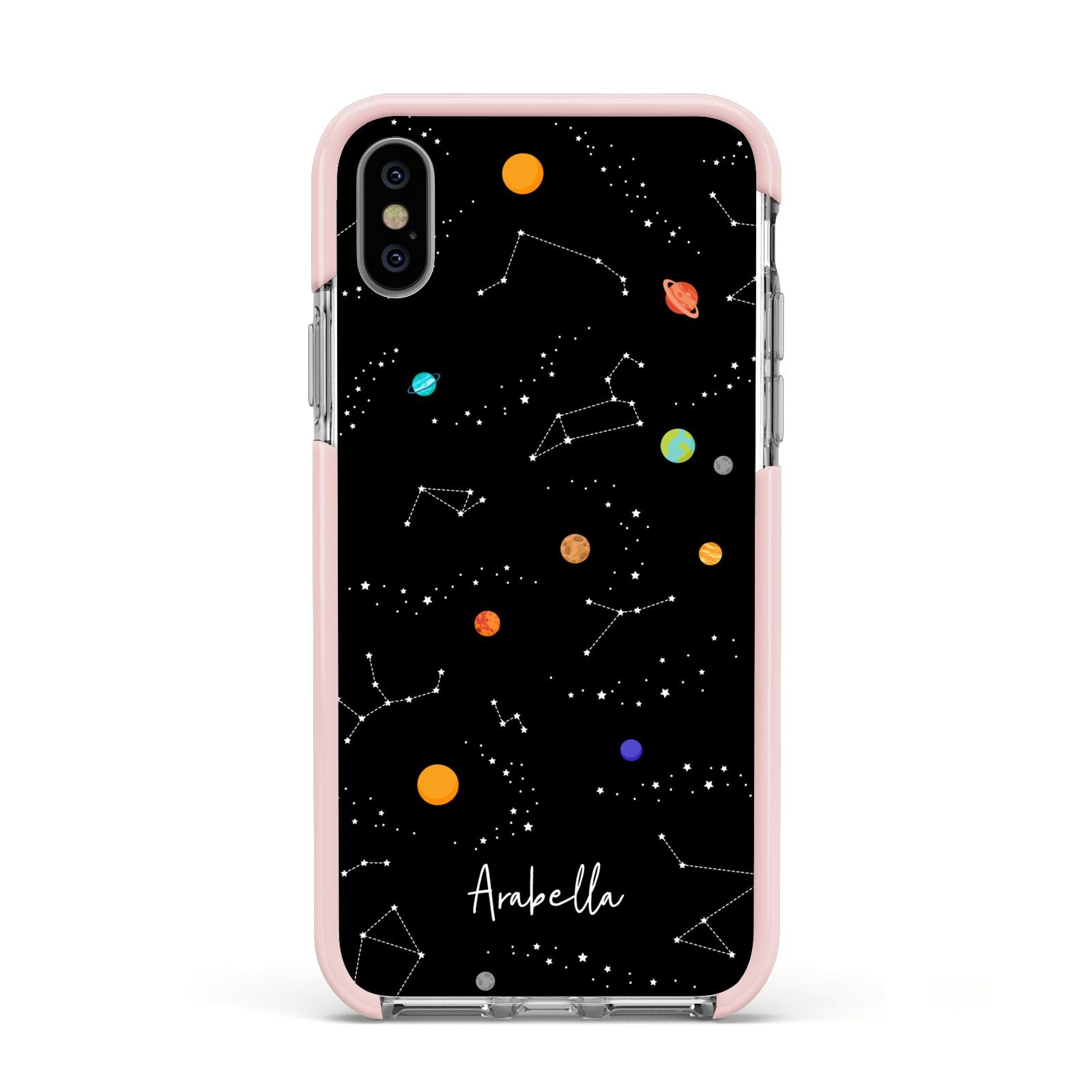 Galaxy Scene with Name Apple iPhone Xs Impact Case Pink Edge on Silver Phone