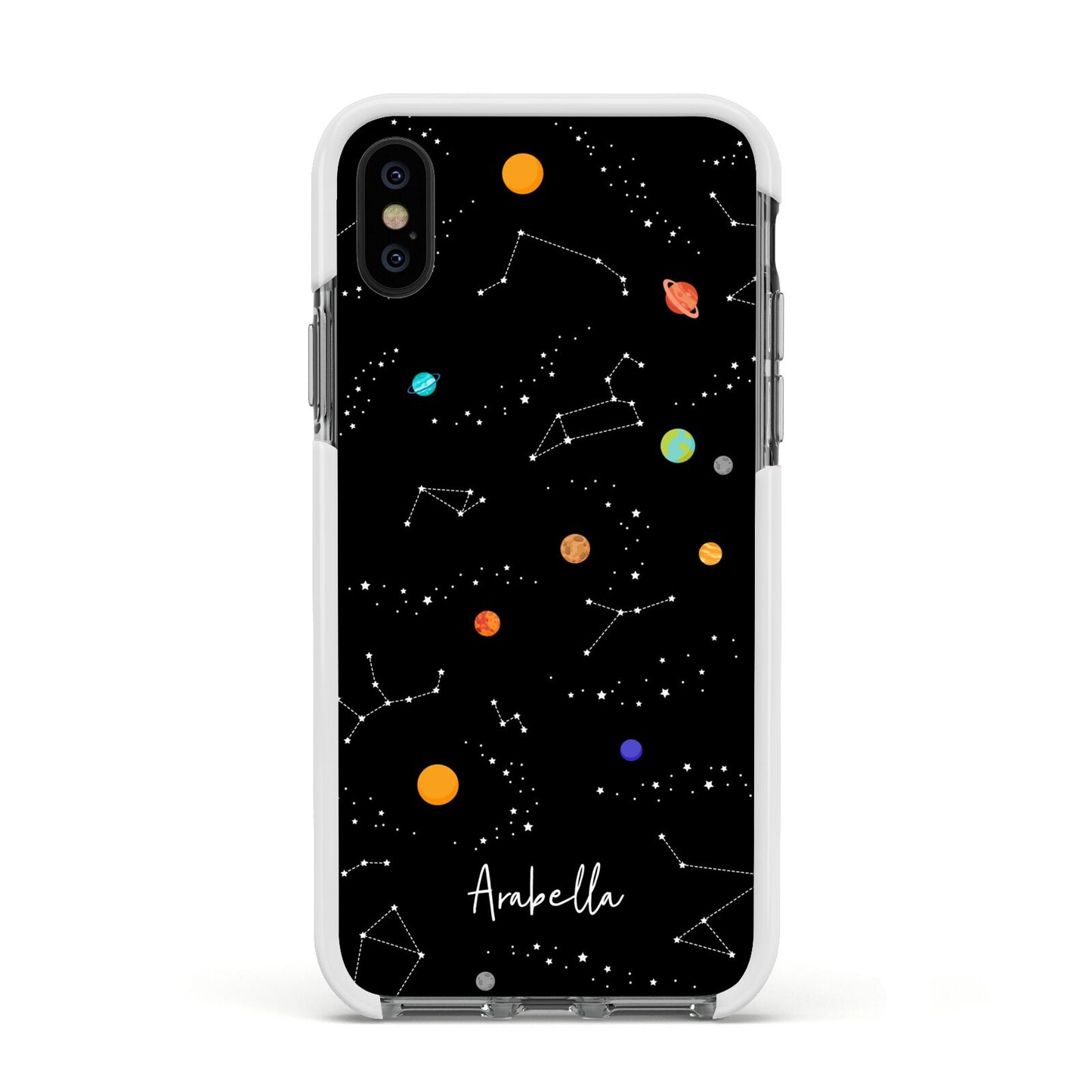 Galaxy Scene with Name Apple iPhone Xs Impact Case White Edge on Black Phone