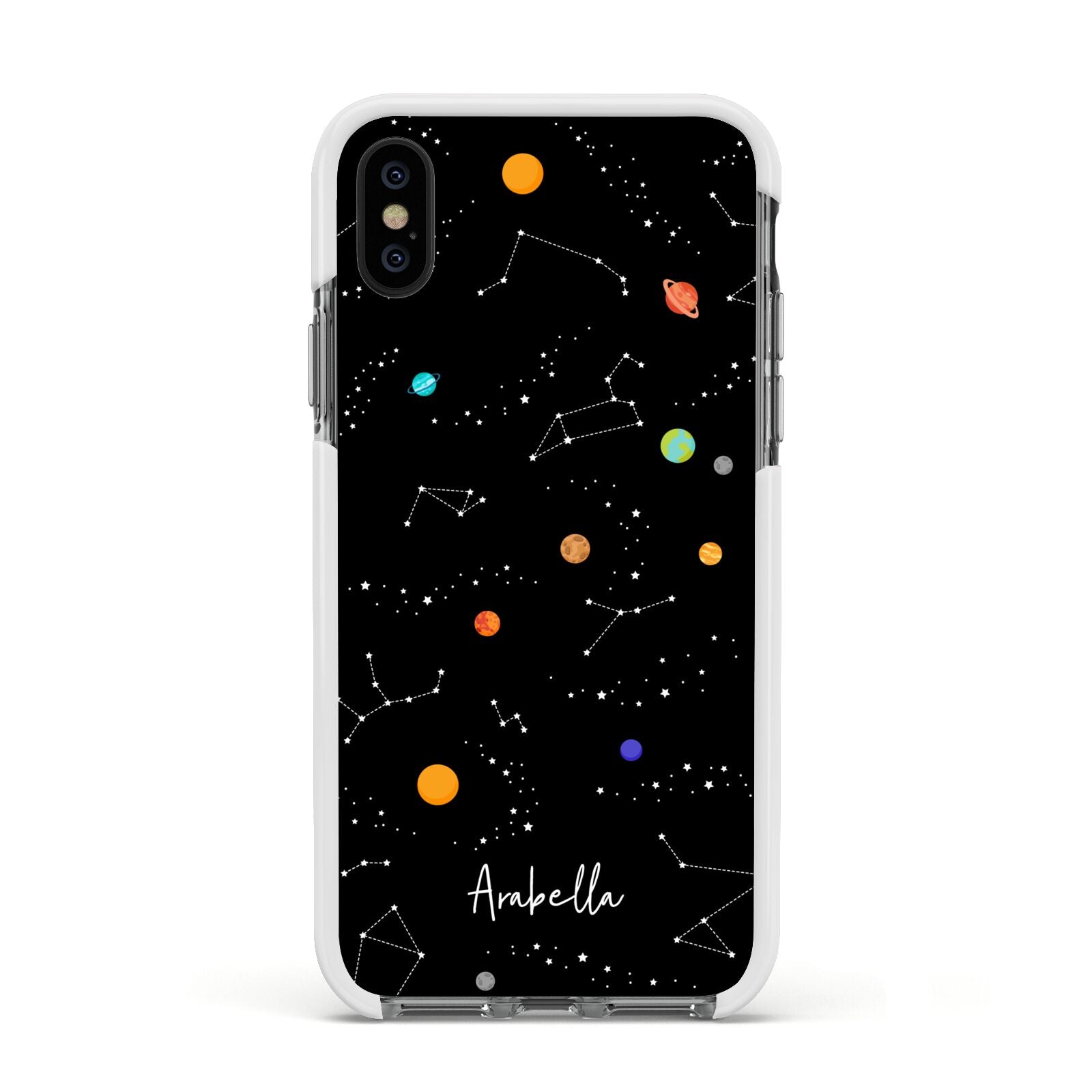 Galaxy Scene with Name Apple iPhone Xs Impact Case White Edge on Black Phone