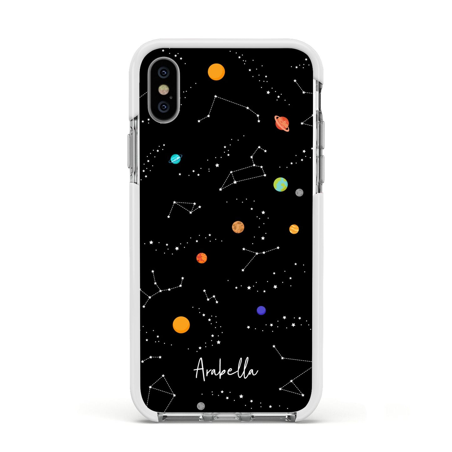 Galaxy Scene with Name Apple iPhone Xs Impact Case White Edge on Silver Phone