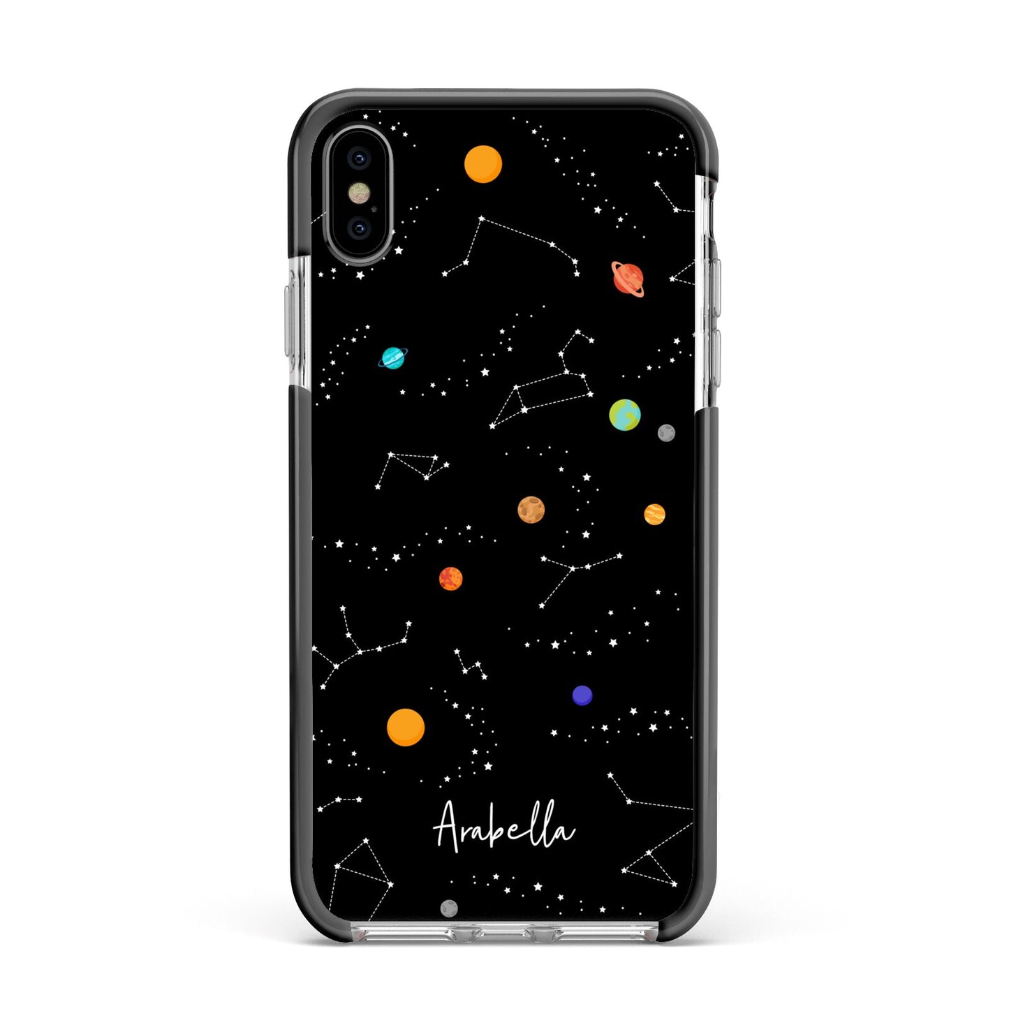 Galaxy Scene with Name Apple iPhone Xs Max Impact Case Black Edge on Silver Phone