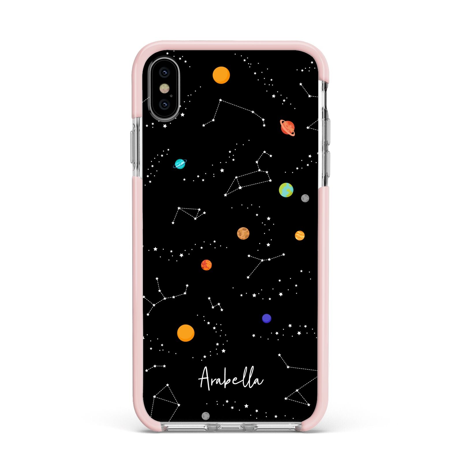 Galaxy Scene with Name Apple iPhone Xs Max Impact Case Pink Edge on Silver Phone