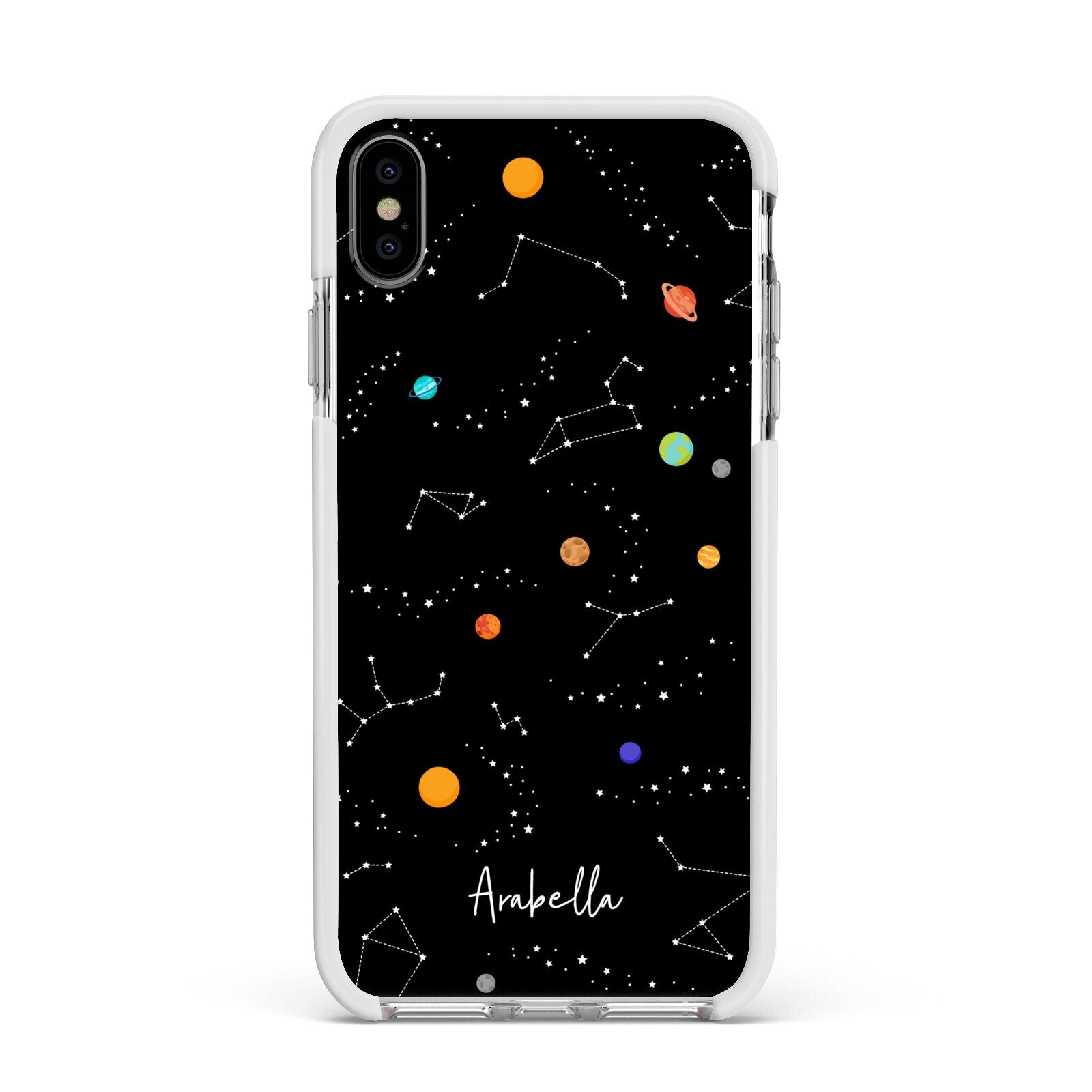 Galaxy Scene with Name Apple iPhone Xs Max Impact Case White Edge on Silver Phone