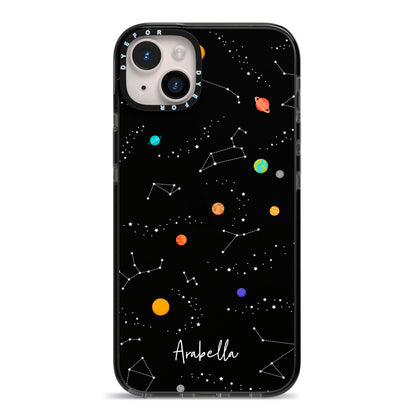Galaxy Scene with Name iPhone 14 Plus Black Impact Case on Silver phone