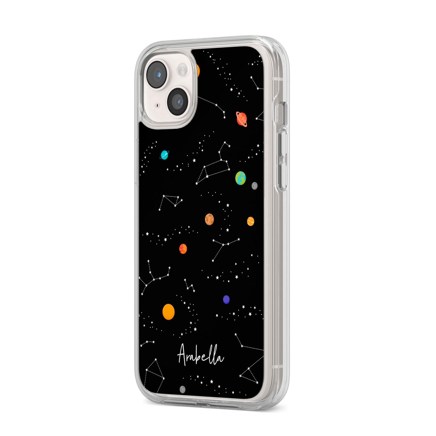 Galaxy Scene with Name iPhone 14 Plus Clear Tough Case Starlight Angled Image