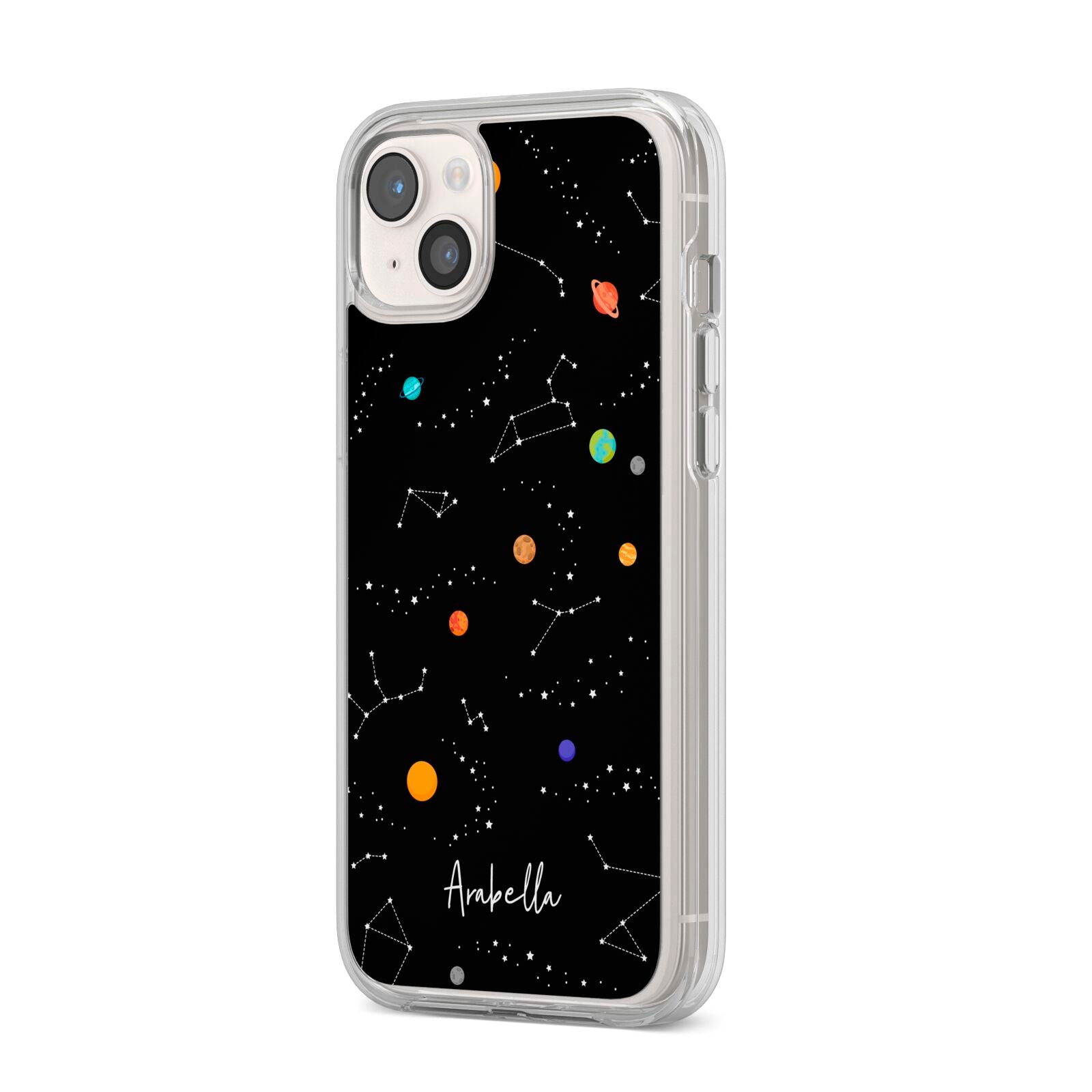 Galaxy Scene with Name iPhone 14 Plus Clear Tough Case Starlight Angled Image