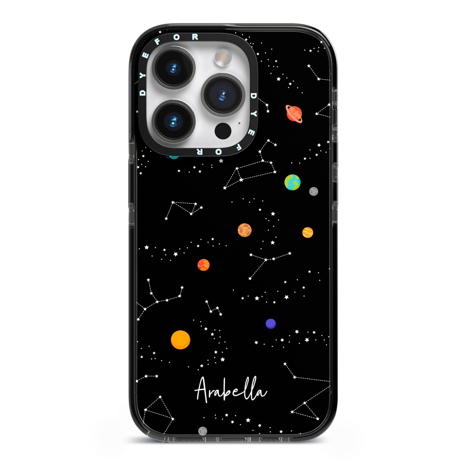 Galaxy Scene with Name iPhone 14 Pro Black Impact Case on Silver phone