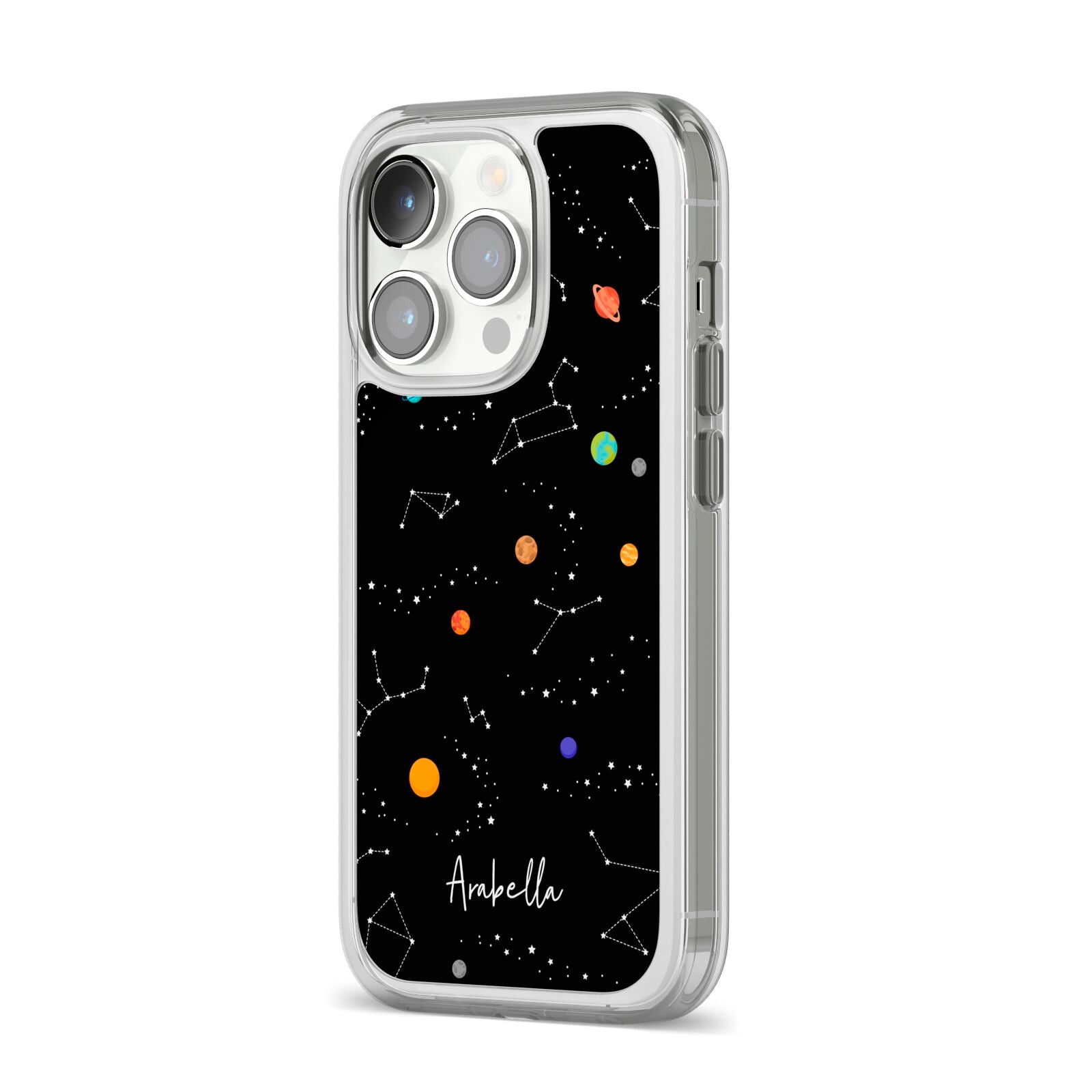 Galaxy Scene with Name iPhone 14 Pro Clear Tough Case Silver Angled Image