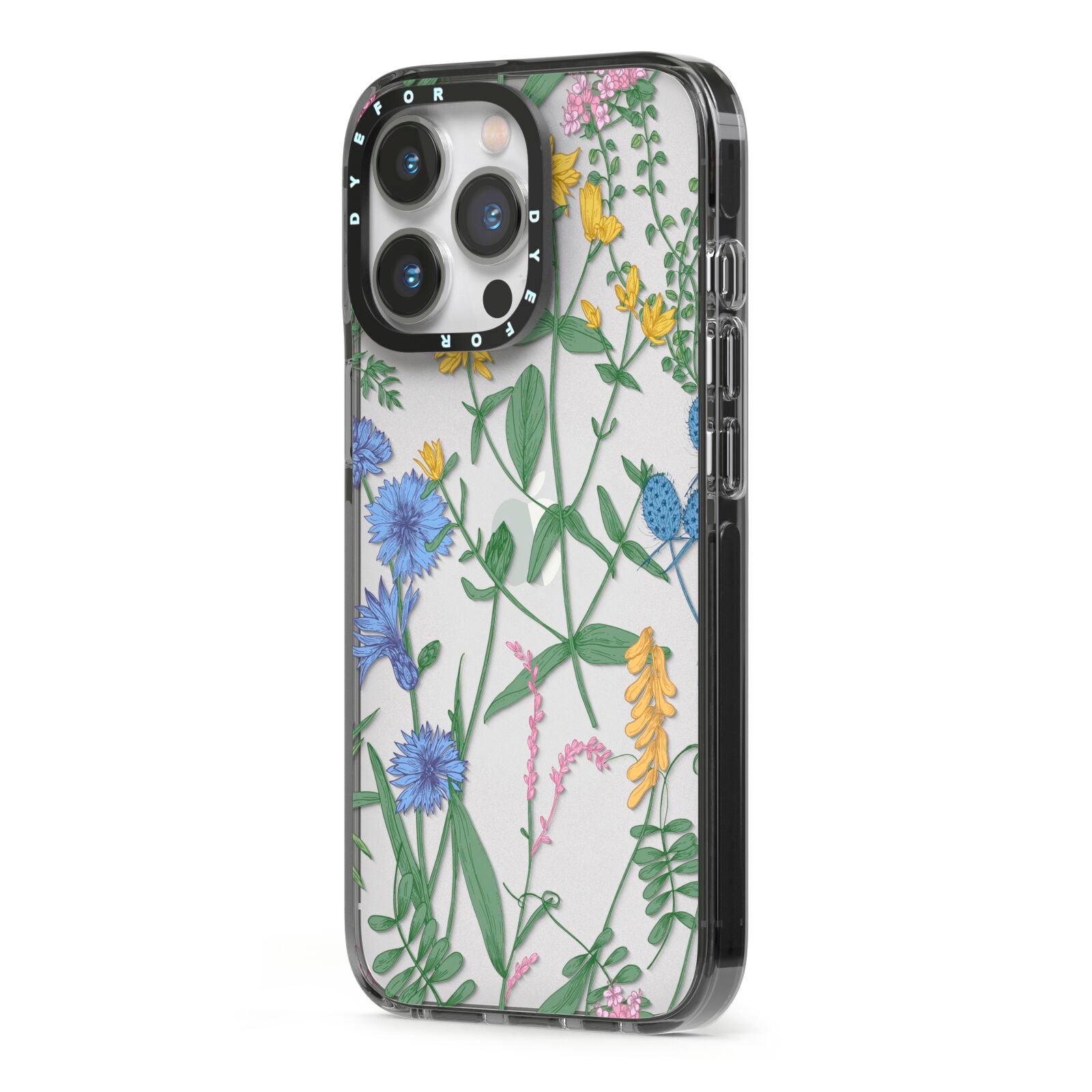 Garden Florals iPhone 13 Pro Black Impact Case Side Angle on Silver phone