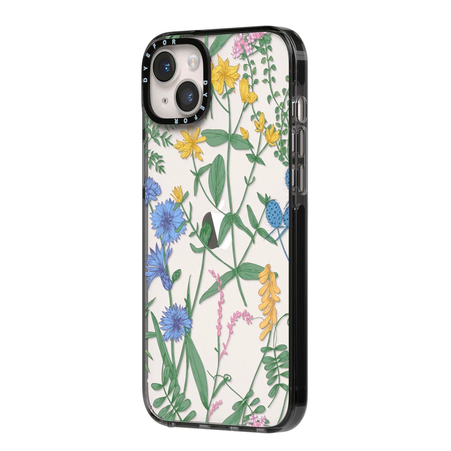 Garden Florals iPhone 14 Plus Black Impact Case Side Angle on Silver phone