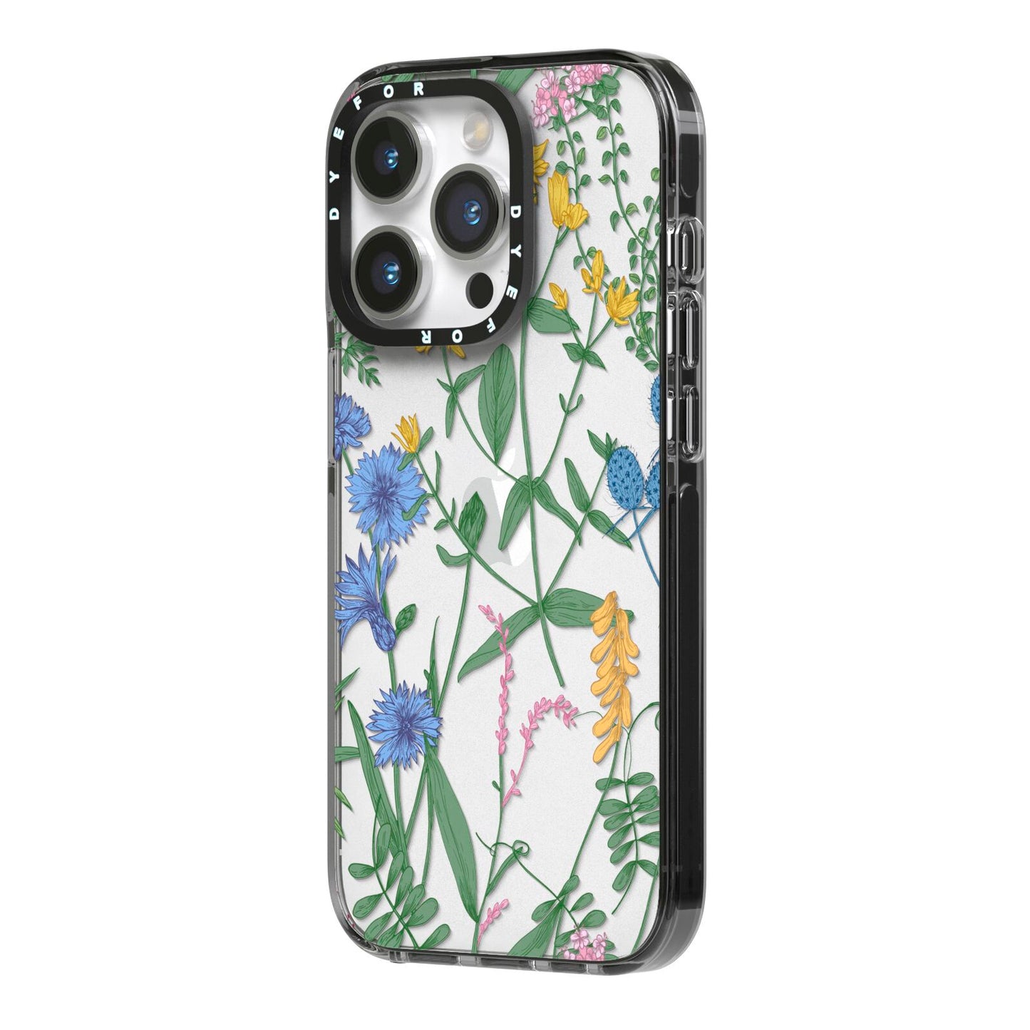 Garden Florals iPhone 14 Pro Black Impact Case Side Angle on Silver phone