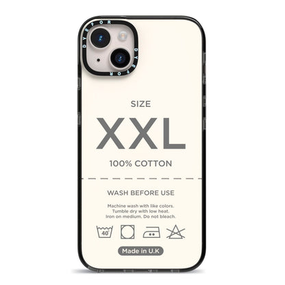 Garment Label iPhone 14 Plus Black Impact Case on Silver phone
