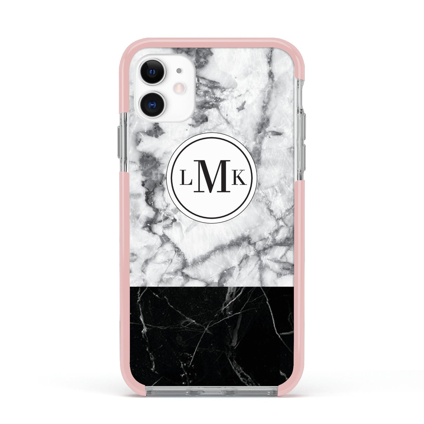Geometric Marble Initials Personalised Apple iPhone 11 in White with Pink Impact Case