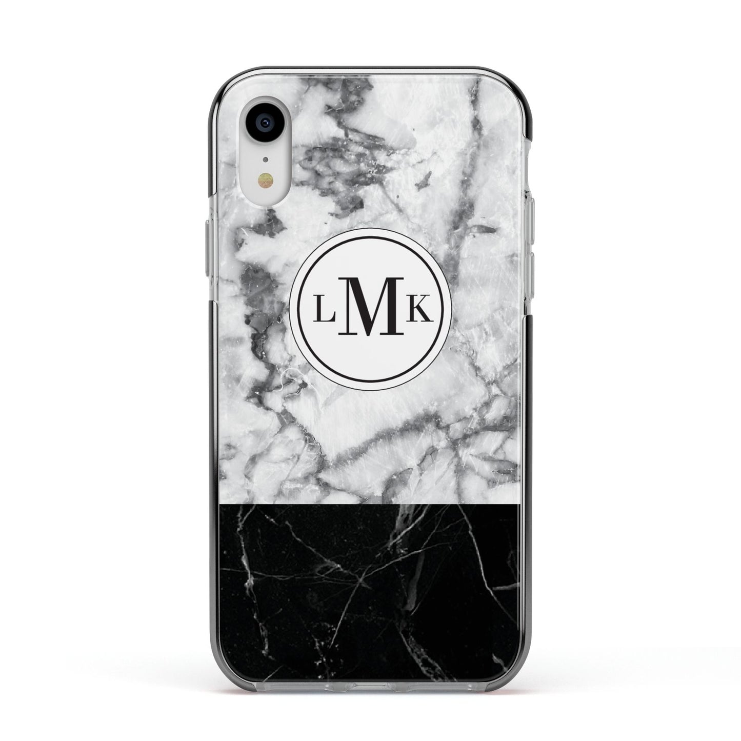 Geometric Marble Initials Personalised Apple iPhone XR Impact Case Black Edge on Silver Phone