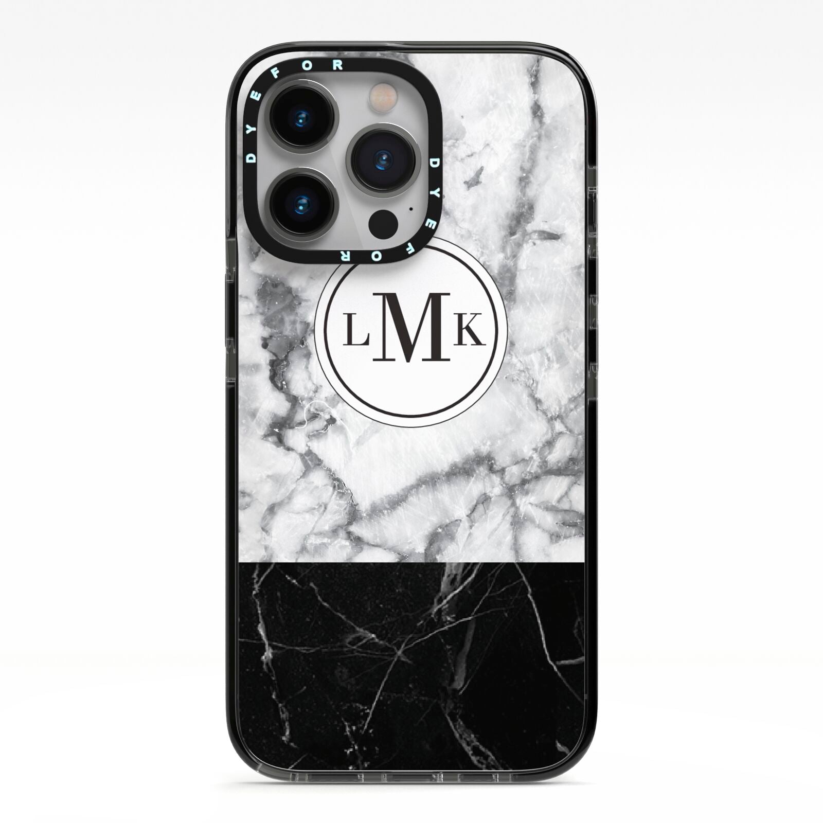 Geometric Marble Initials Personalised iPhone 13 Pro Black Impact Case on Silver phone