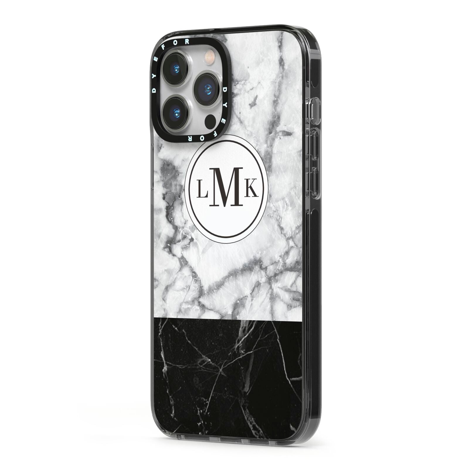 Geometric Marble Initials Personalised iPhone 13 Pro Max Black Impact Case Side Angle on Silver phone