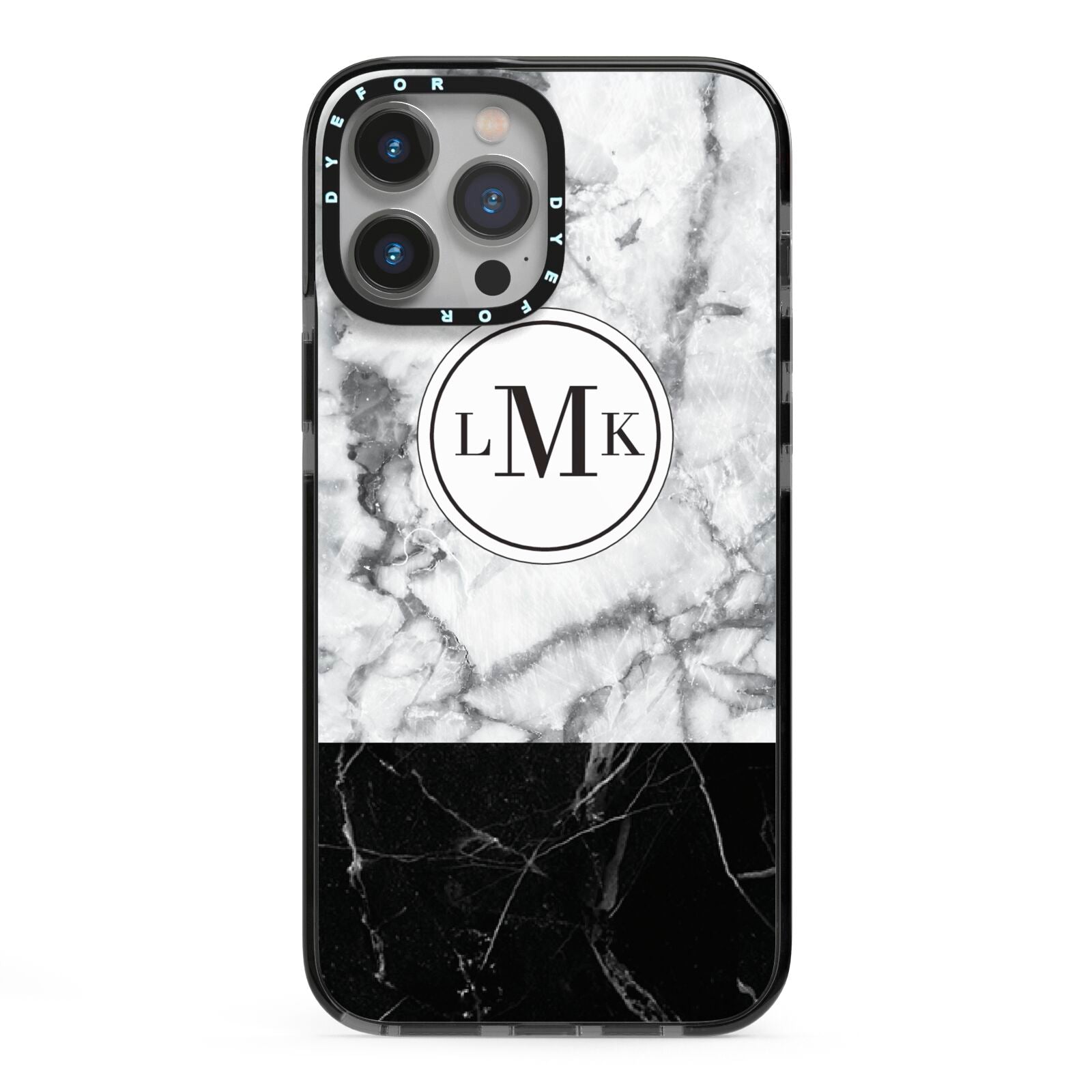 Geometric Marble Initials Personalised iPhone 13 Pro Max Black Impact Case on Silver phone