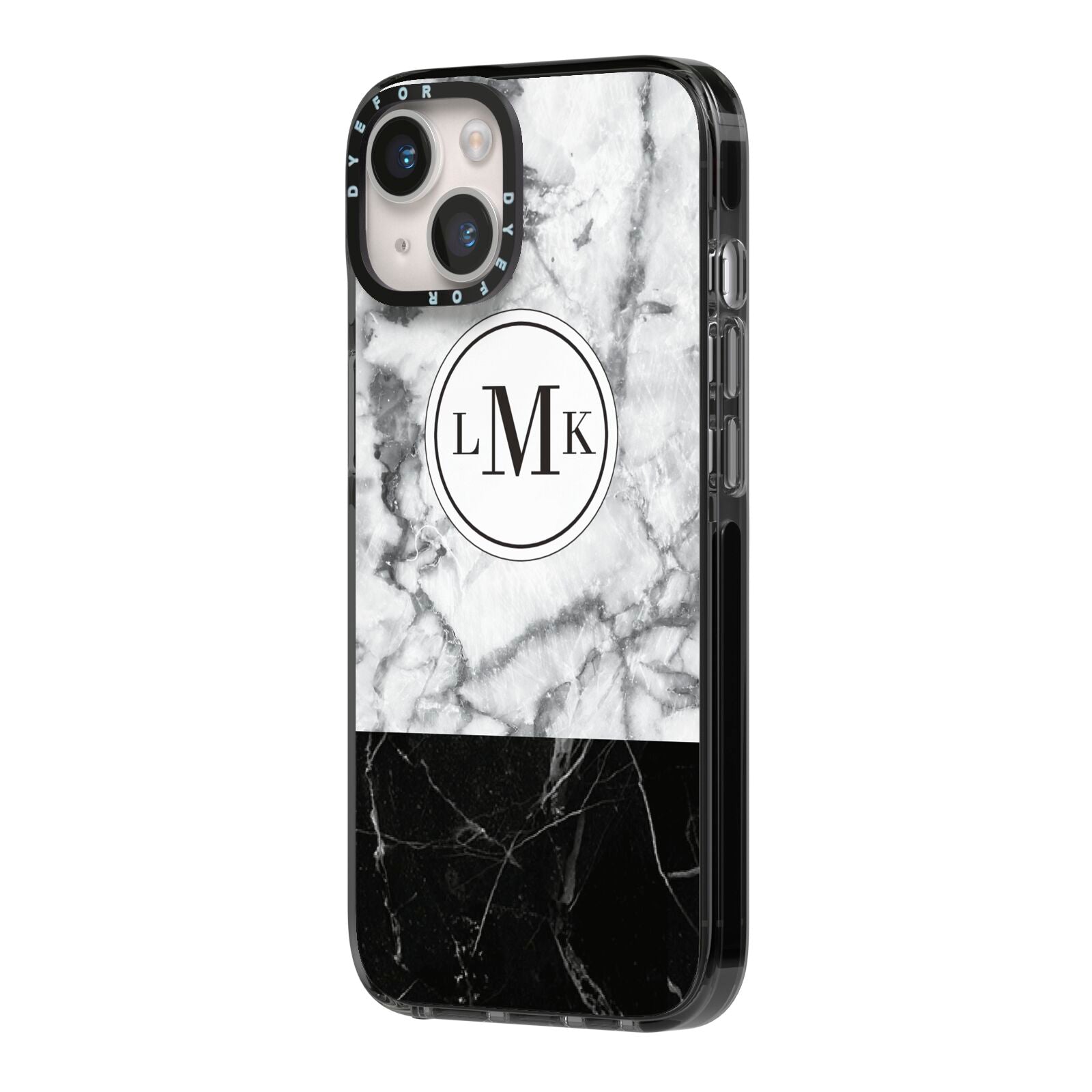 Geometric Marble Initials Personalised iPhone 14 Black Impact Case Side Angle on Silver phone