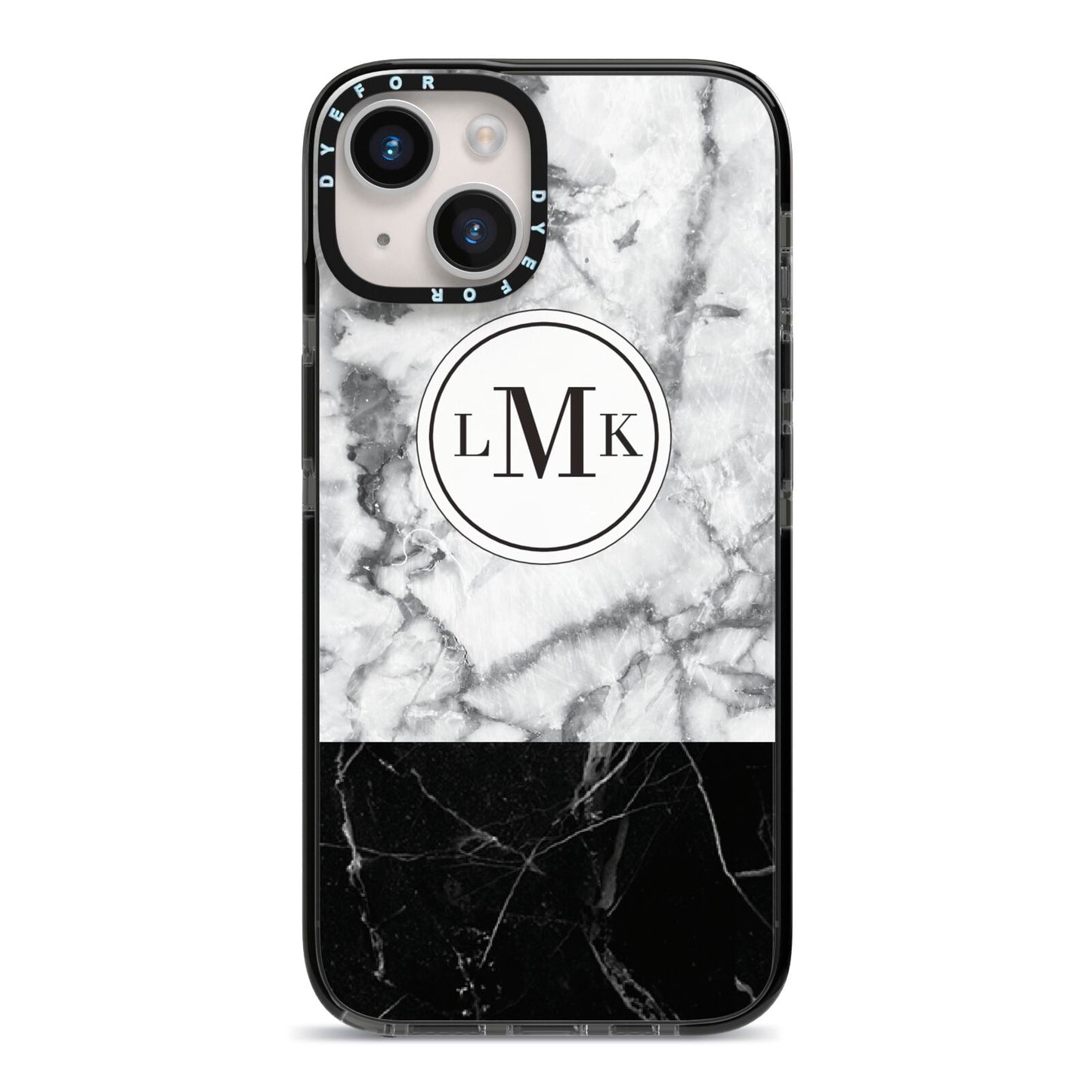 Geometric Marble Initials Personalised iPhone 14 Black Impact Case on Silver phone