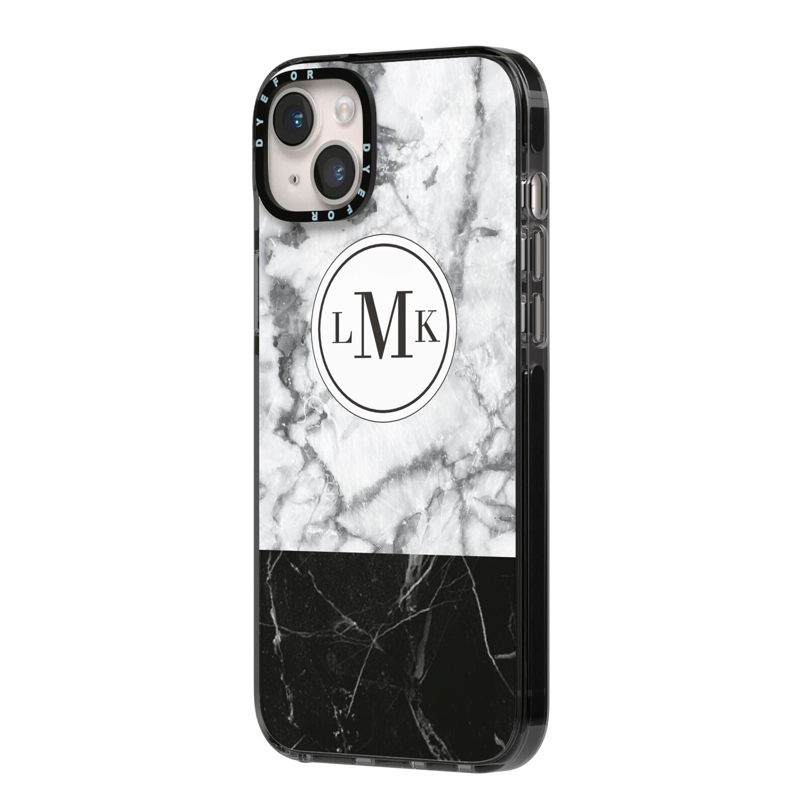 Geometric Marble Initials Personalised iPhone 14 Plus Black Impact Case Side Angle on Silver phone