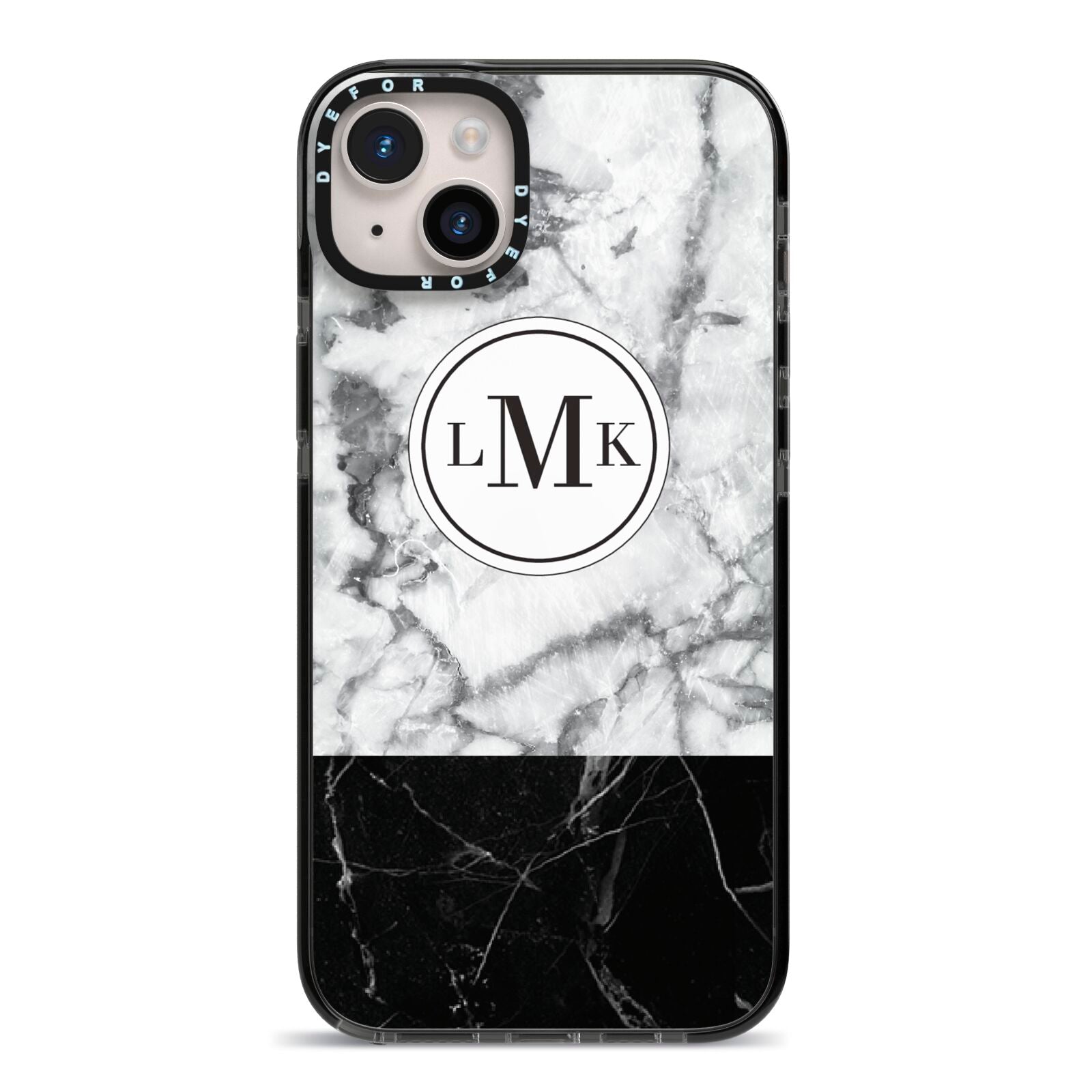 Geometric Marble Initials Personalised iPhone 14 Plus Black Impact Case on Silver phone
