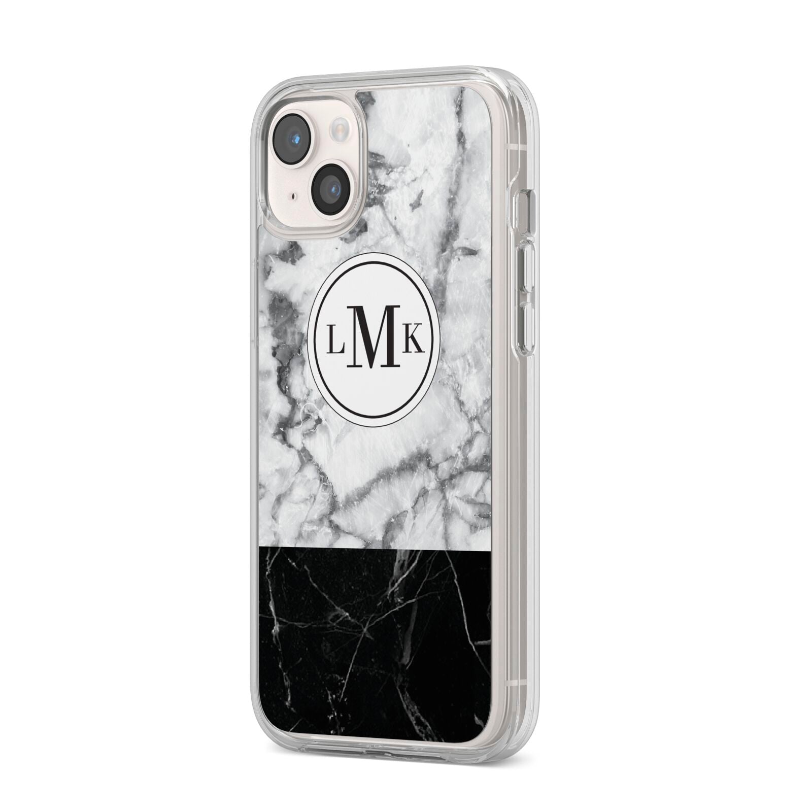 Geometric Marble Initials Personalised iPhone 14 Plus Clear Tough Case Starlight Angled Image