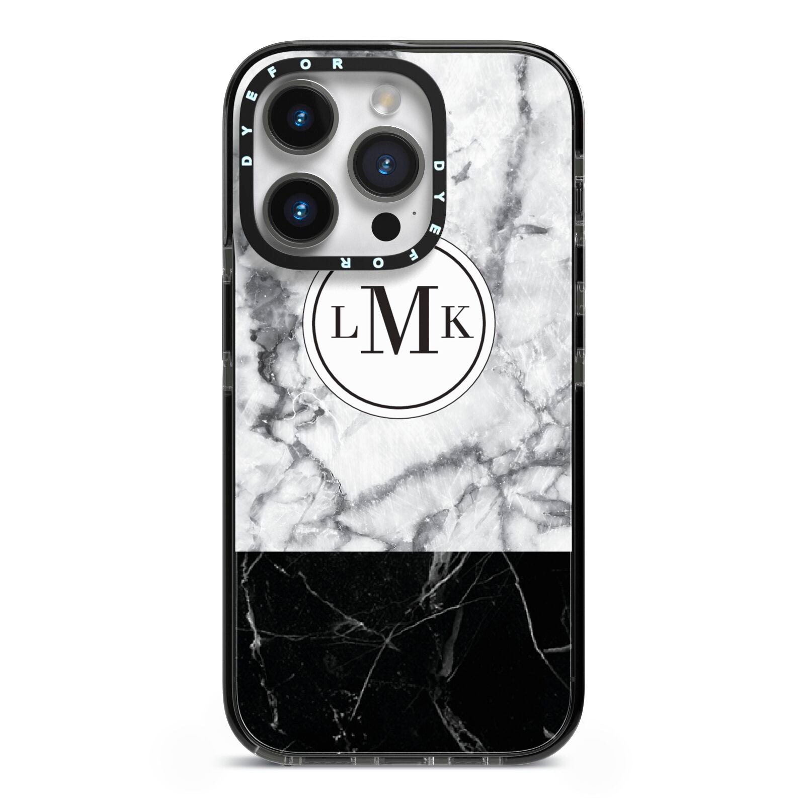 Geometric Marble Initials Personalised iPhone 14 Pro Black Impact Case on Silver phone