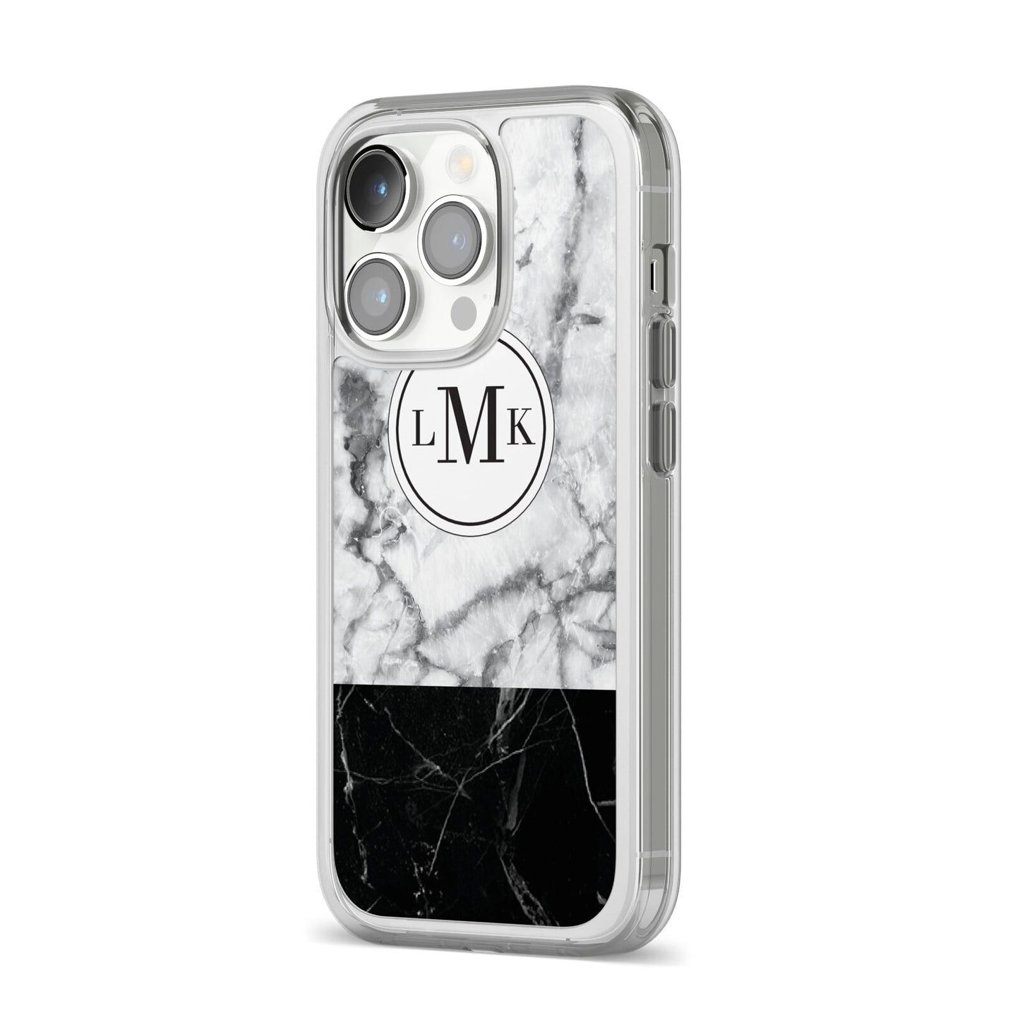 Geometric Marble Initials Personalised iPhone 14 Pro Clear Tough Case Silver Angled Image