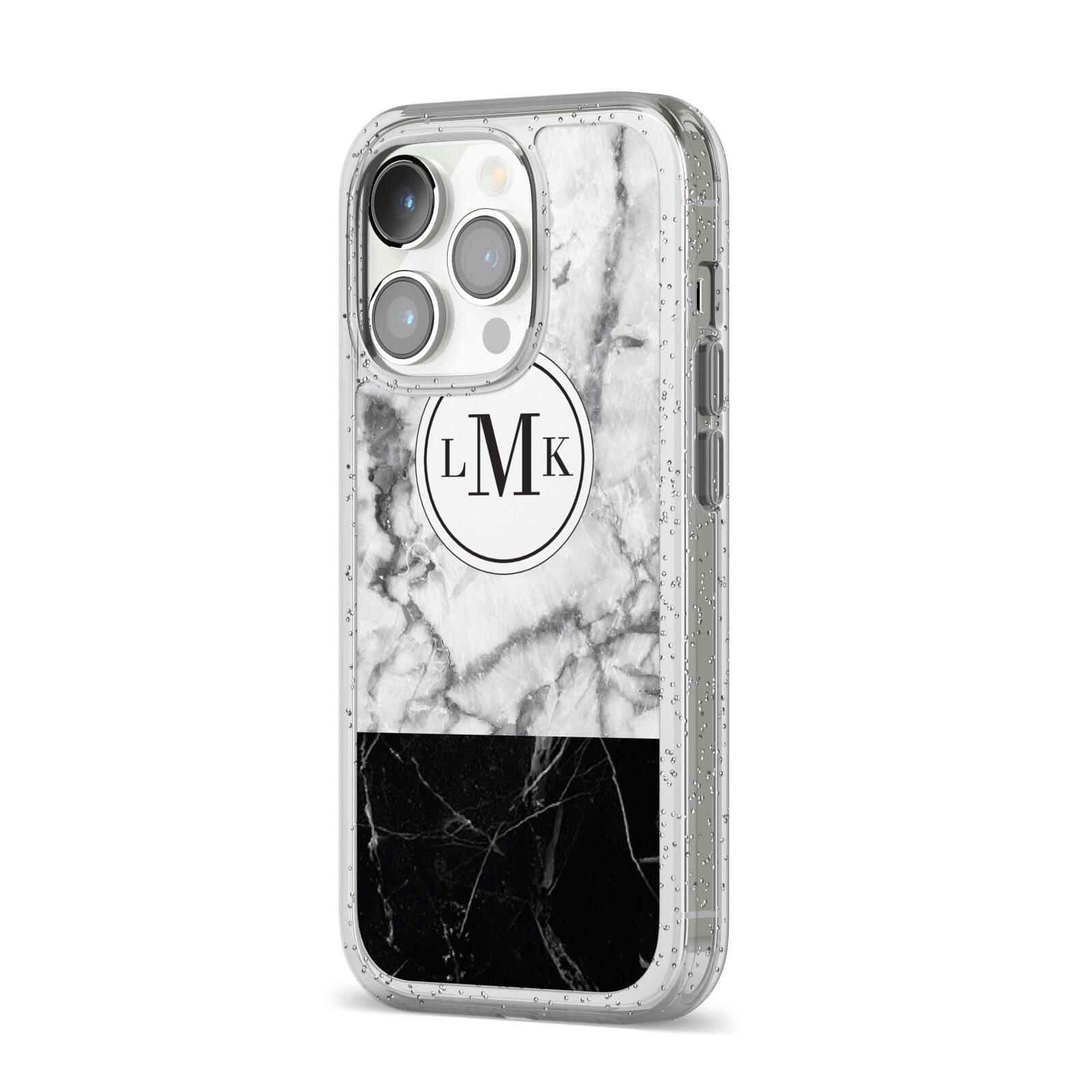 Geometric Marble Initials Personalised iPhone 14 Pro Glitter Tough Case Silver Angled Image