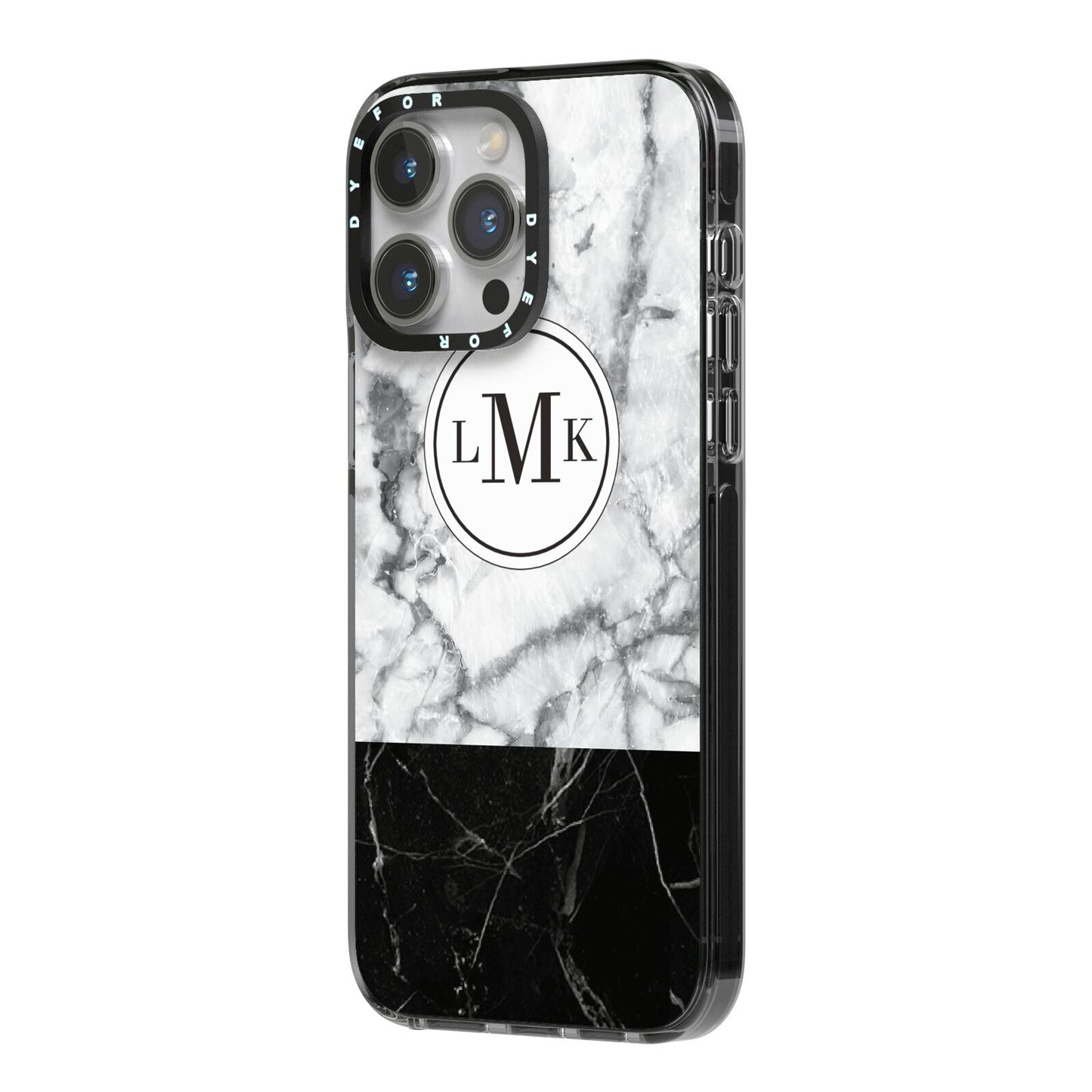 Geometric Marble Initials Personalised iPhone 14 Pro Max Black Impact Case Side Angle on Silver phone
