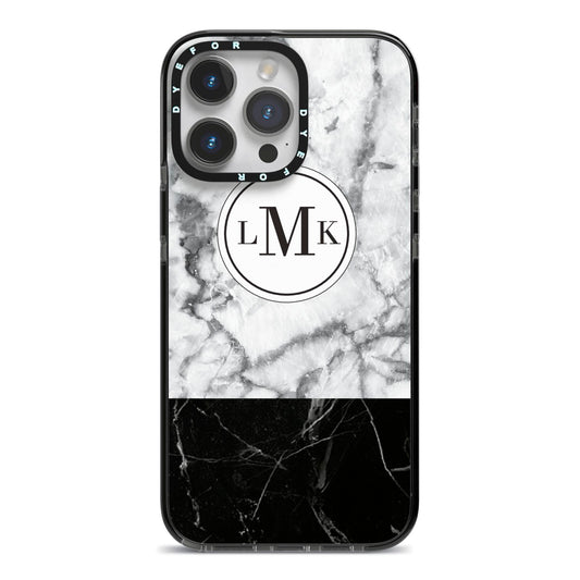 Geometric Marble Initials Personalised iPhone 14 Pro Max Black Impact Case on Silver phone