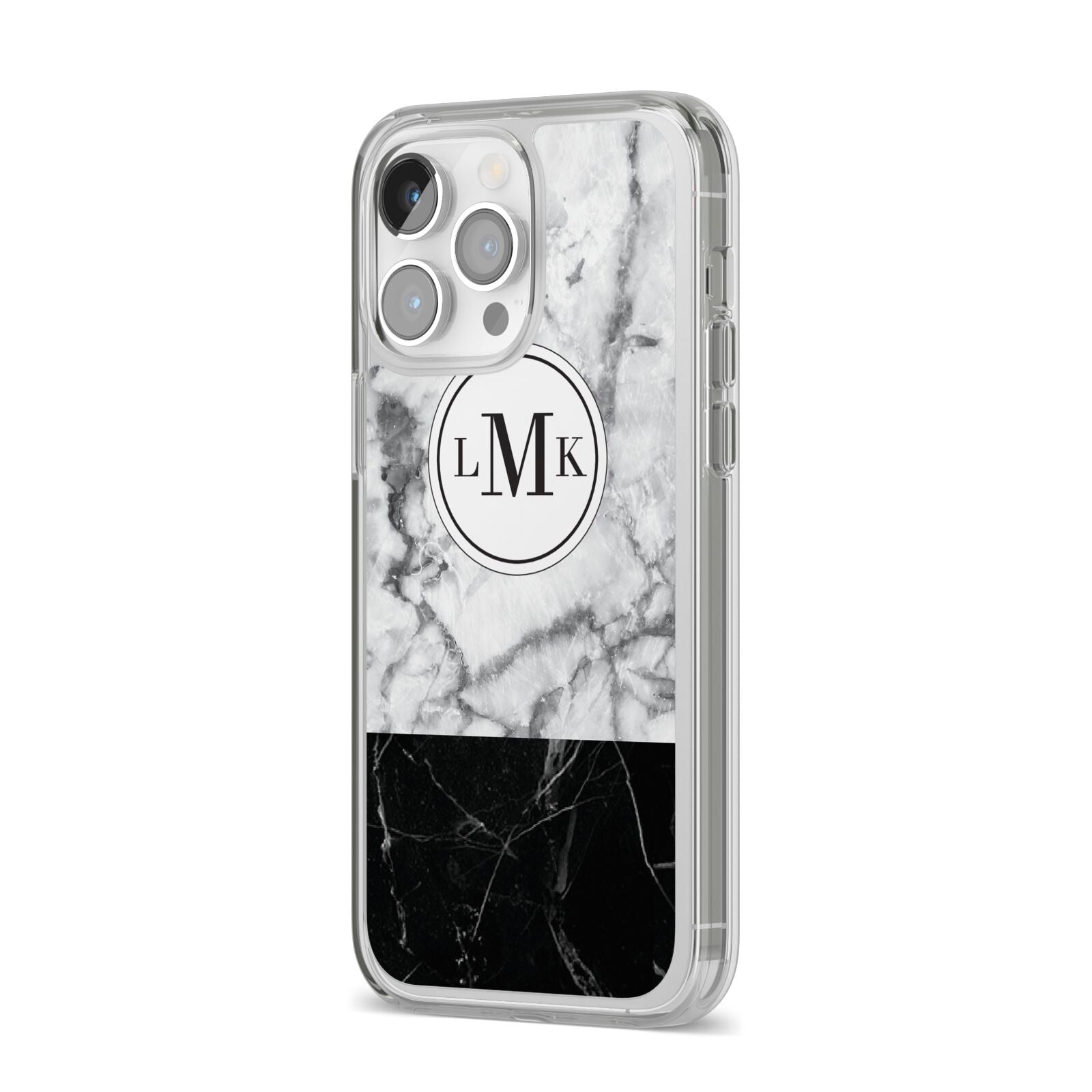 Geometric Marble Initials Personalised iPhone 14 Pro Max Clear Tough Case Silver Angled Image