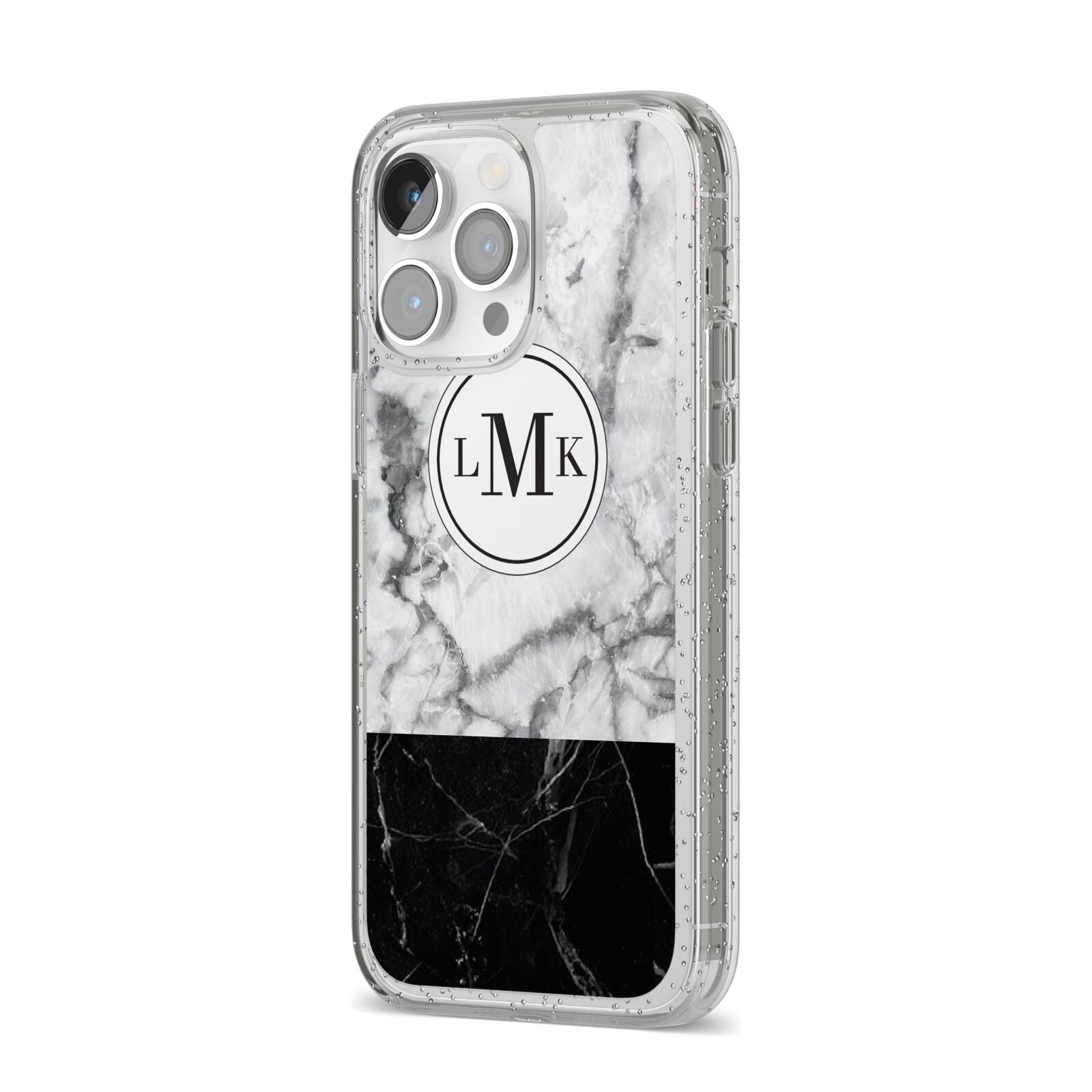 Geometric Marble Initials Personalised iPhone 14 Pro Max Glitter Tough Case Silver Angled Image