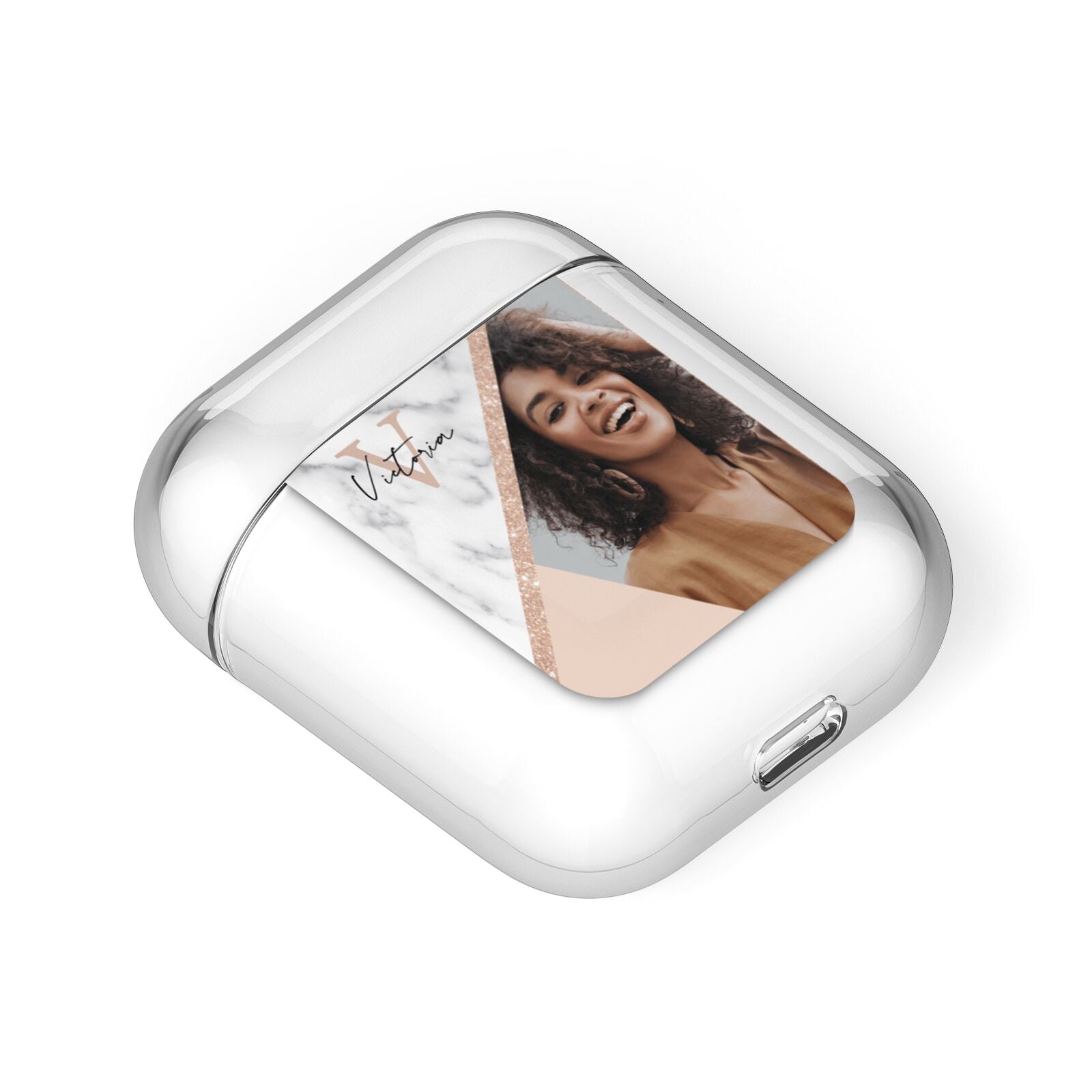 Geometric Marble Photo Upload AirPods Case Laid Flat