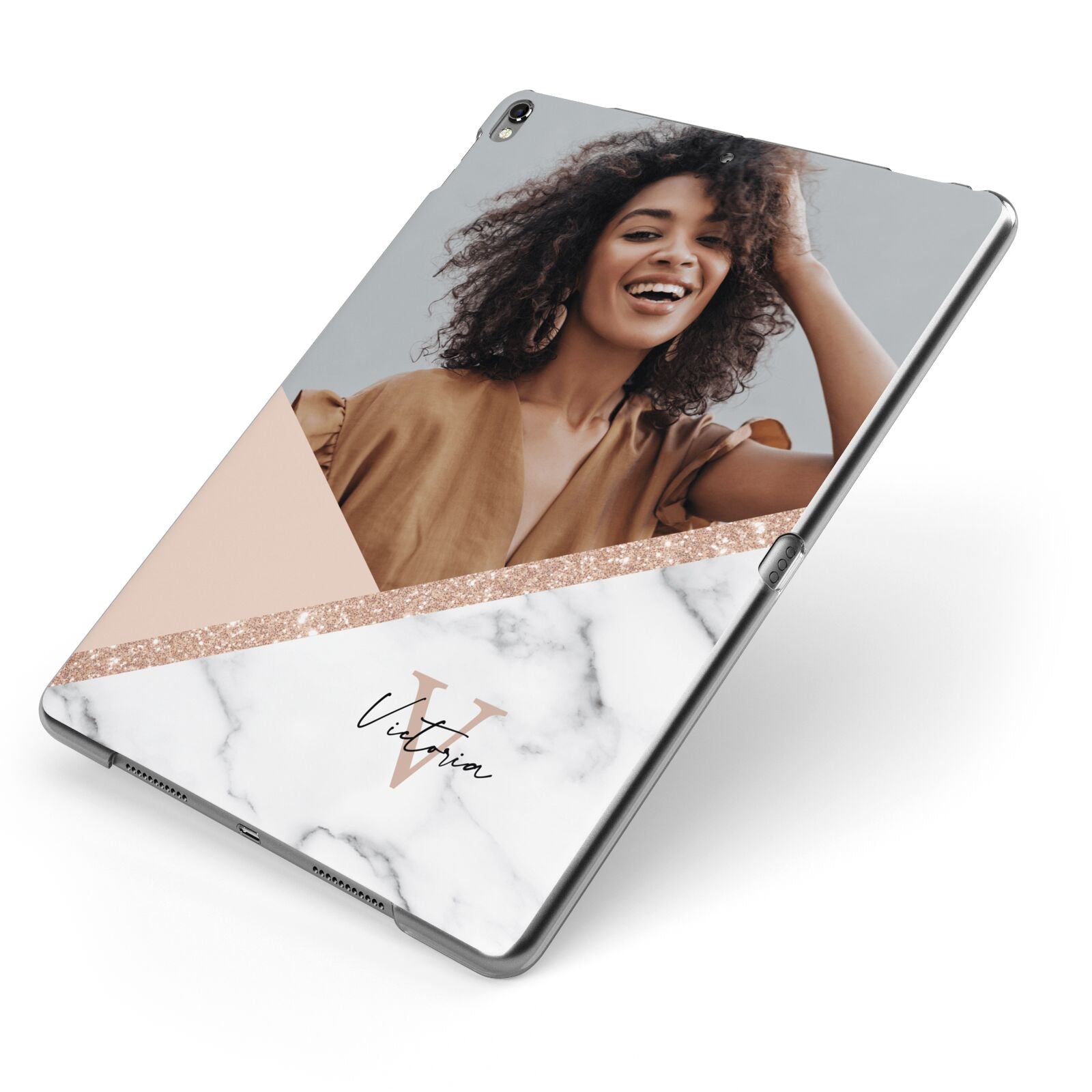 Geometric Marble Photo Upload Apple iPad Case on Grey iPad Side View