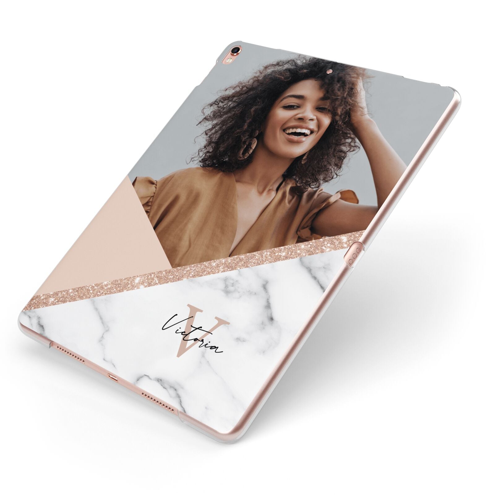 Geometric Marble Photo Upload Apple iPad Case on Rose Gold iPad Side View