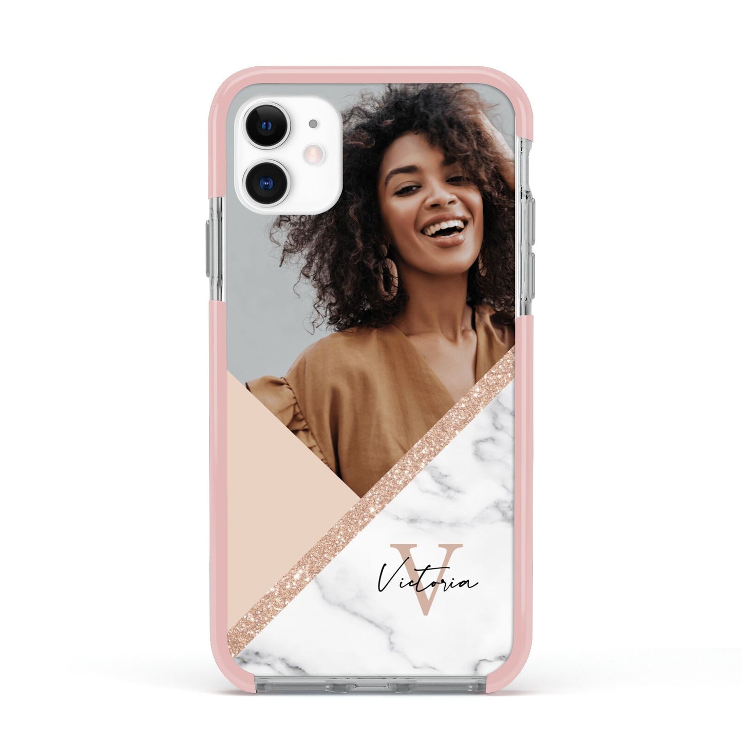 Geometric Marble Photo Upload Apple iPhone 11 in White with Pink Impact Case