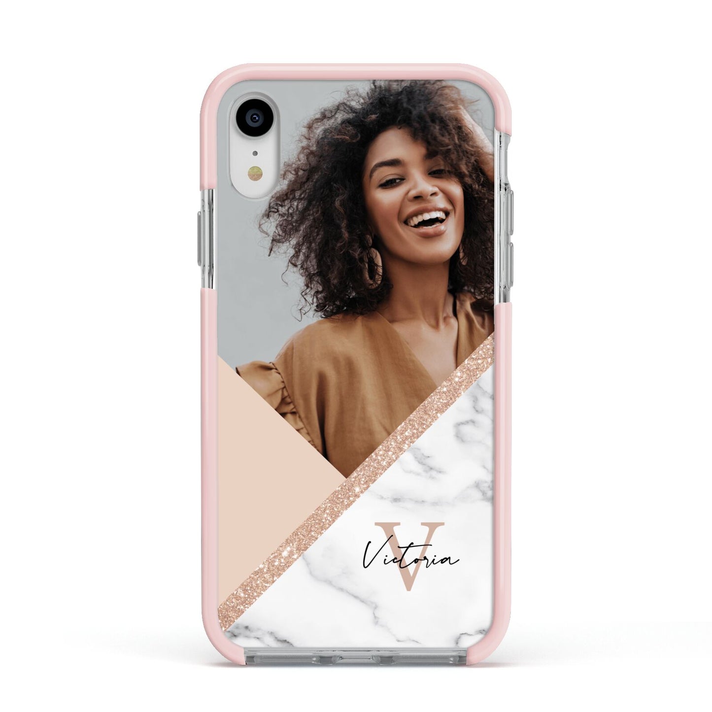 Geometric Marble Photo Upload Apple iPhone XR Impact Case Pink Edge on Silver Phone