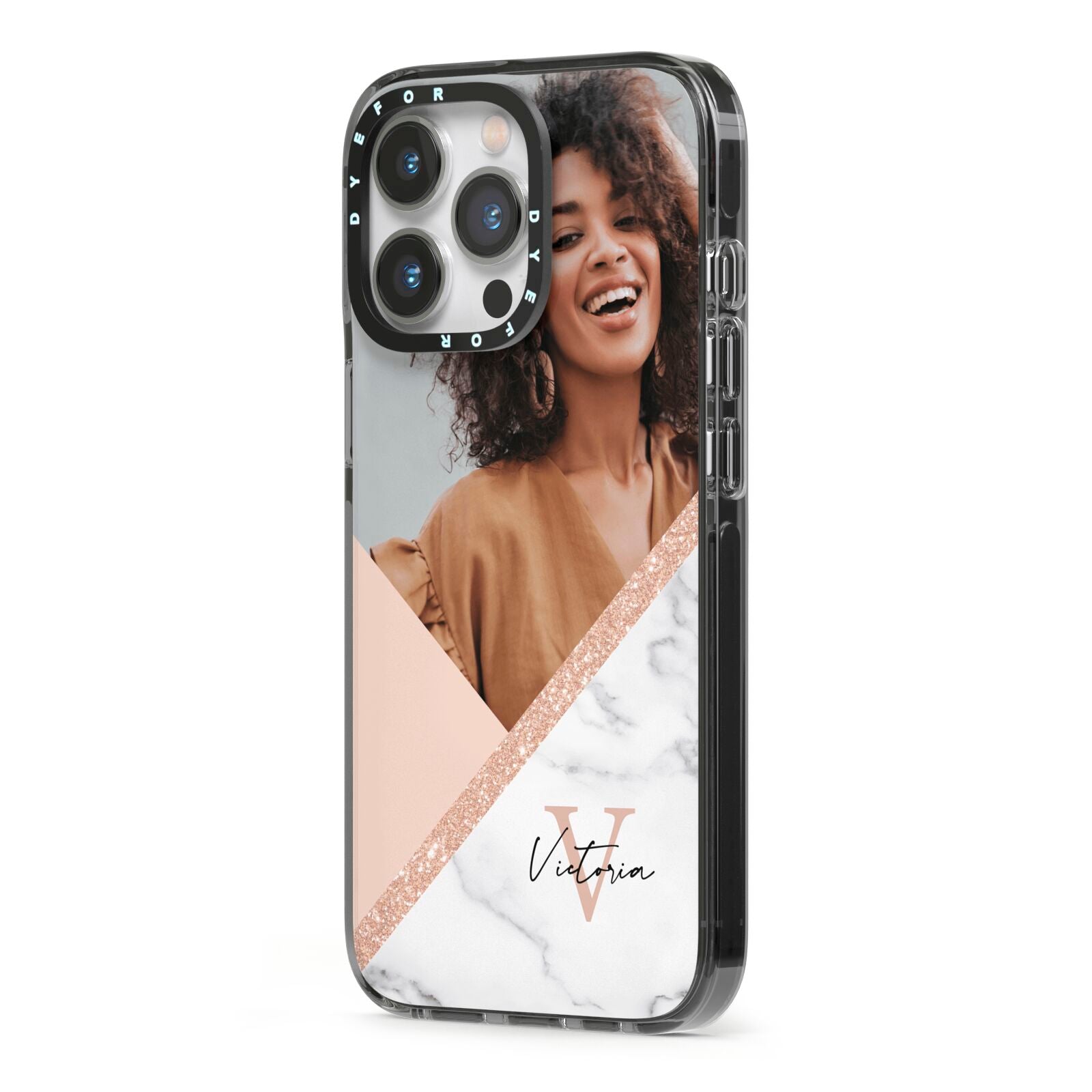 Geometric Marble Photo Upload iPhone 13 Pro Black Impact Case Side Angle on Silver phone