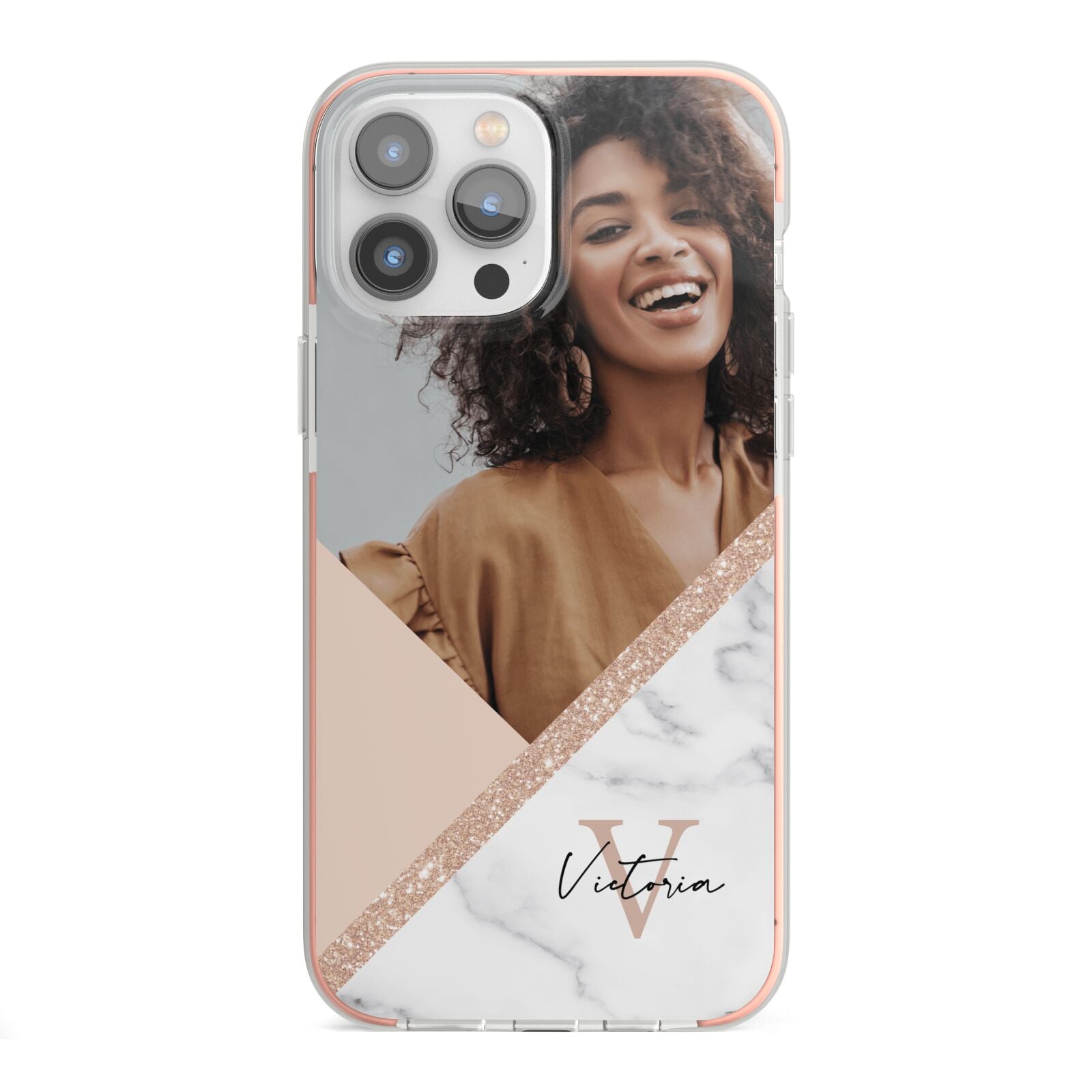 Geometric Marble Photo Upload iPhone 13 Pro Max TPU Impact Case with Pink Edges