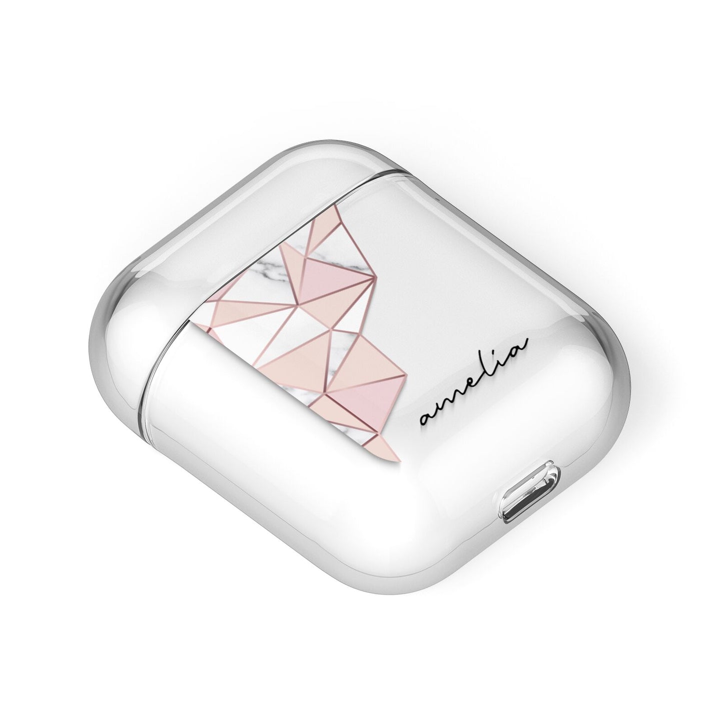 Geometric Pink Marble with Name AirPods Case Laid Flat