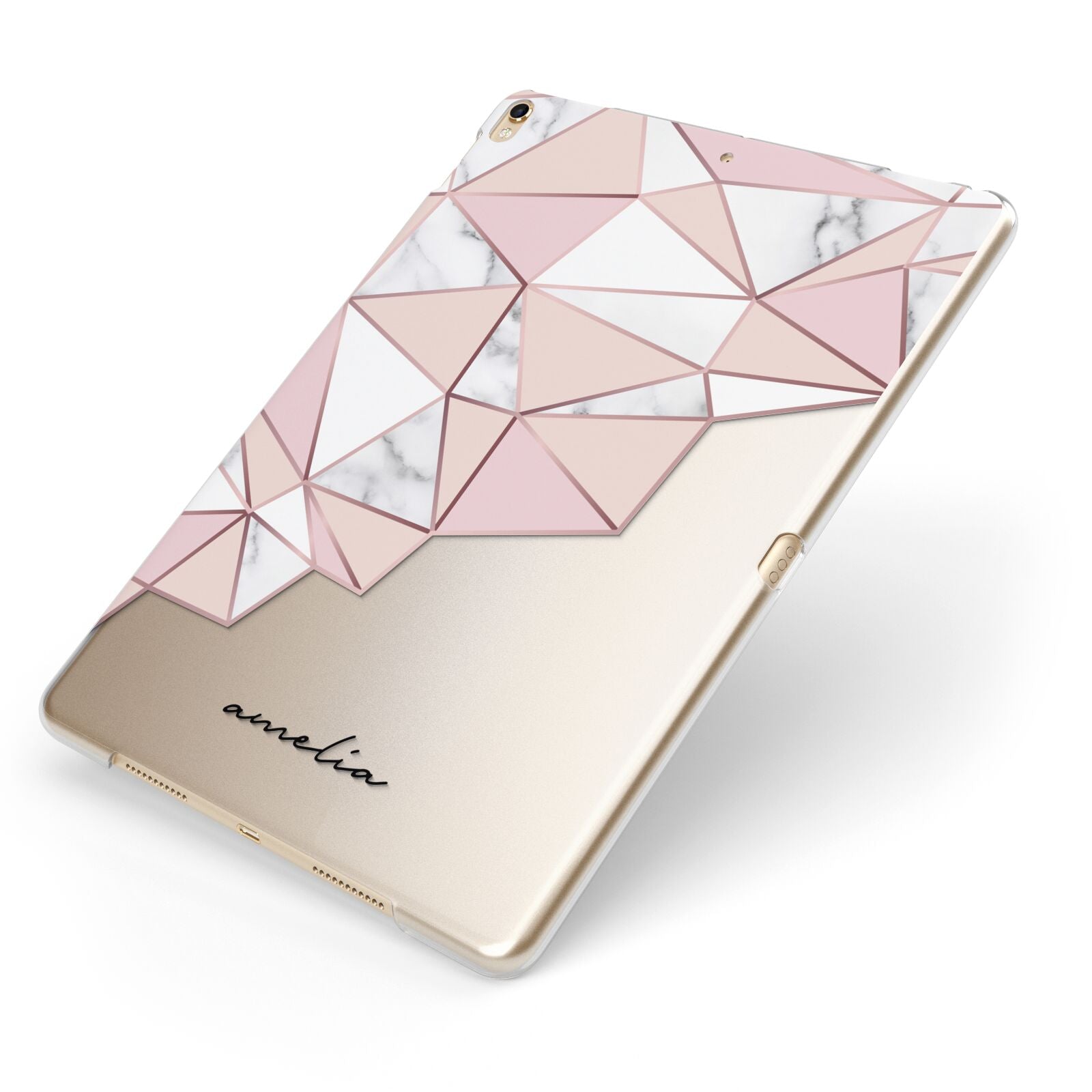 Geometric Pink Marble with Name Apple iPad Case on Gold iPad Side View