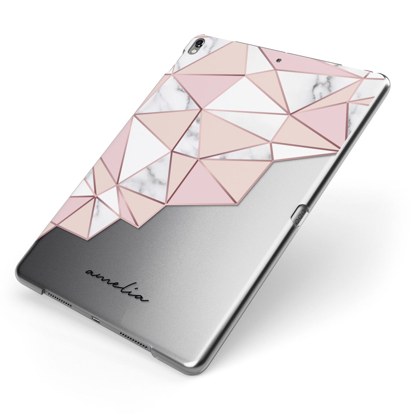Geometric Pink Marble with Name Apple iPad Case on Grey iPad Side View