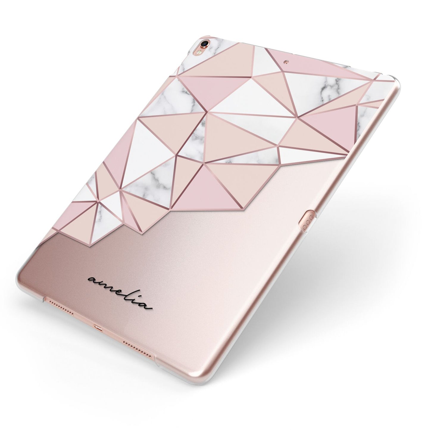 Geometric Pink Marble with Name Apple iPad Case on Rose Gold iPad Side View