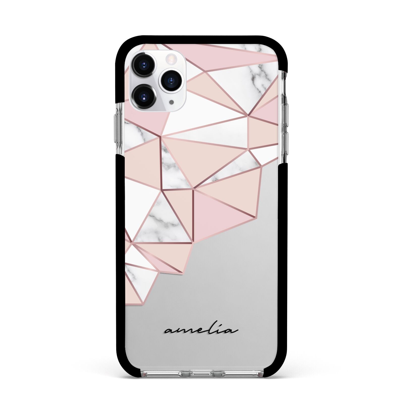 Geometric Pink Marble with Name Apple iPhone 11 Pro Max in Silver with Black Impact Case