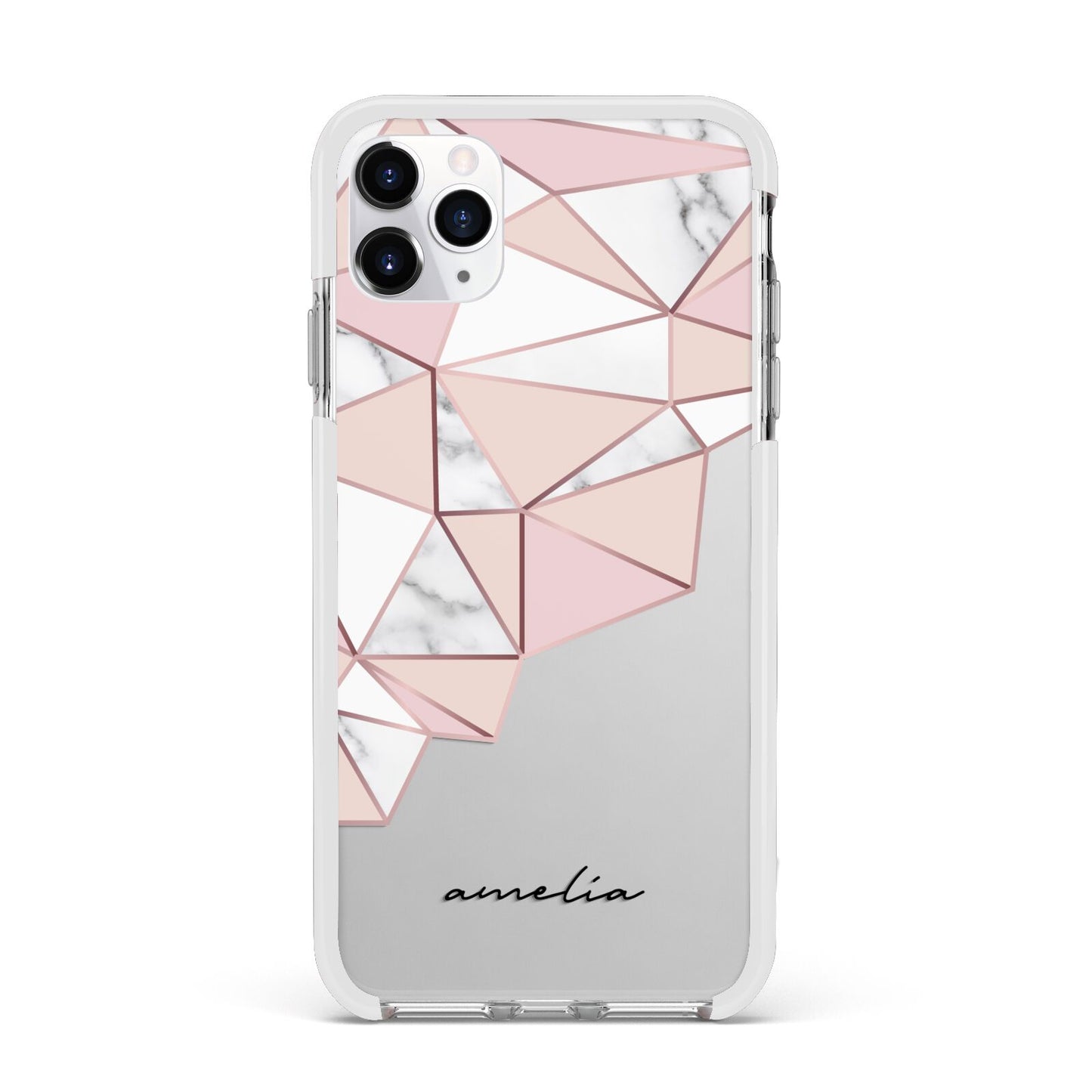 Geometric Pink Marble with Name Apple iPhone 11 Pro Max in Silver with White Impact Case