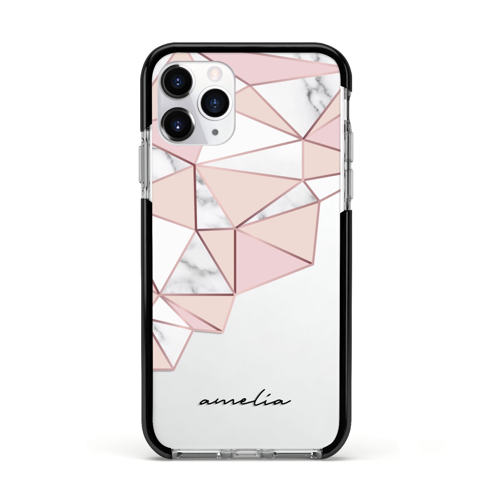 Geometric Pink Marble with Name Apple iPhone 11 Pro in Silver with Black Impact Case
