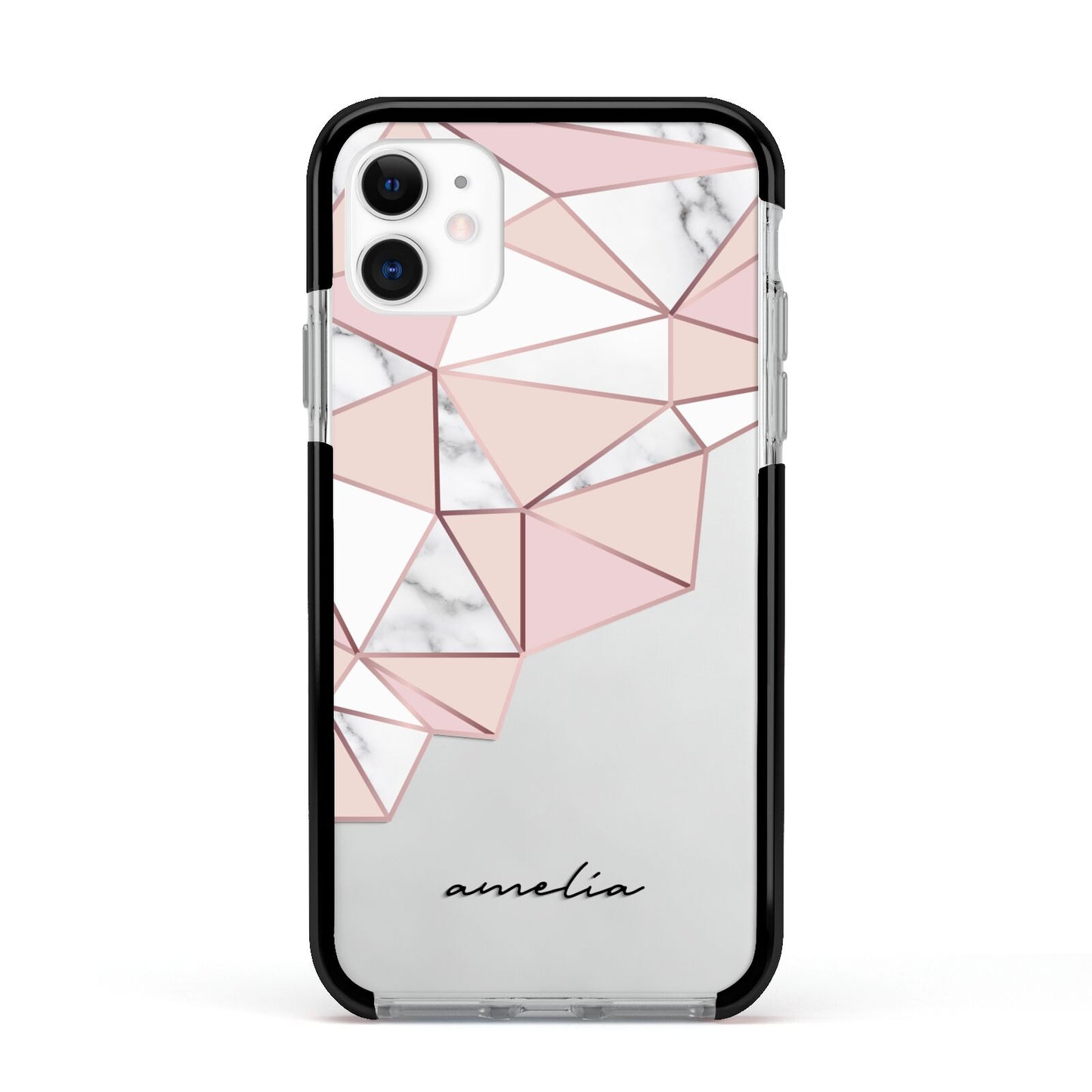 Geometric Pink Marble with Name Apple iPhone 11 in White with Black Impact Case