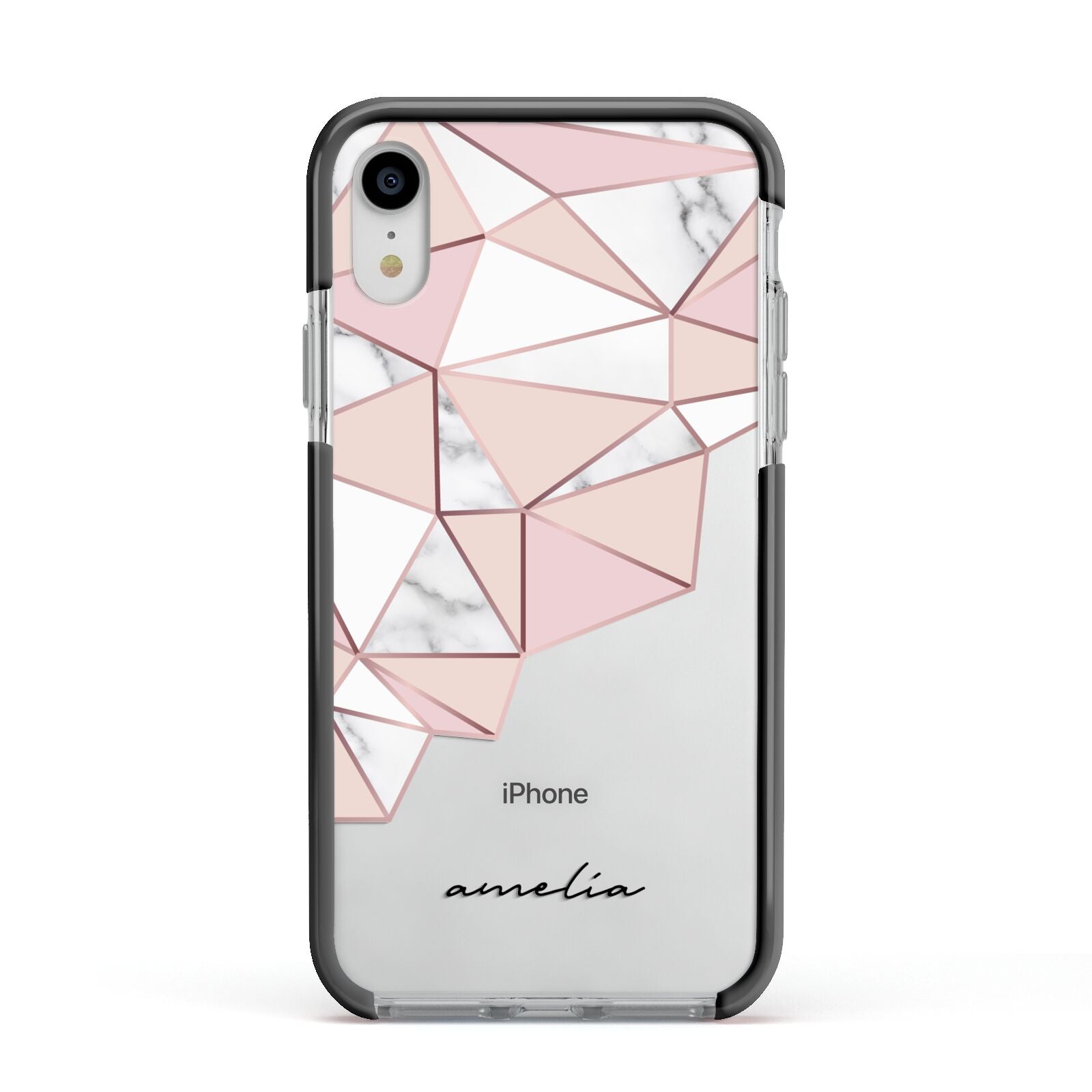 Geometric Pink Marble with Name Apple iPhone XR Impact Case Black Edge on Silver Phone