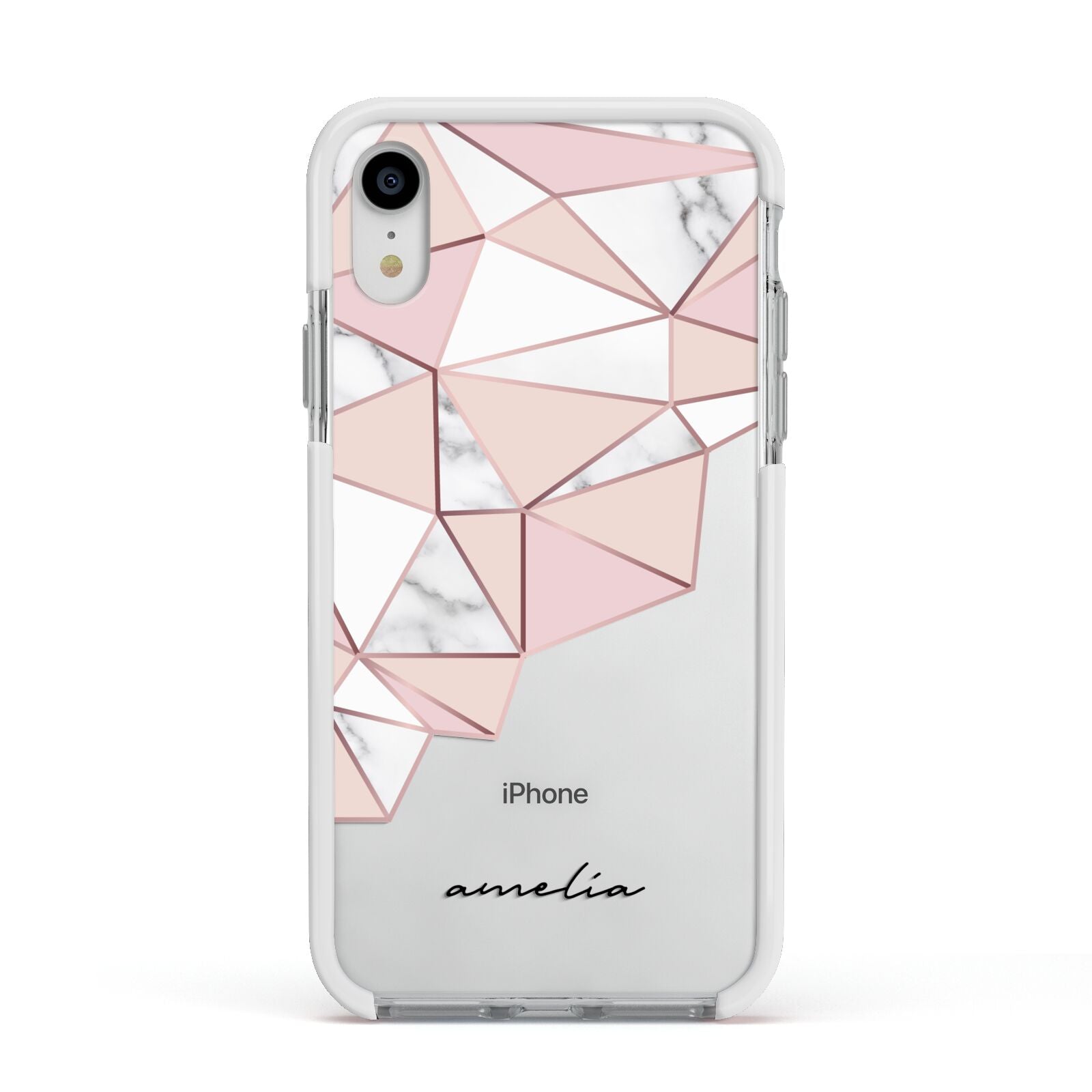 Geometric Pink Marble with Name Apple iPhone XR Impact Case White Edge on Silver Phone